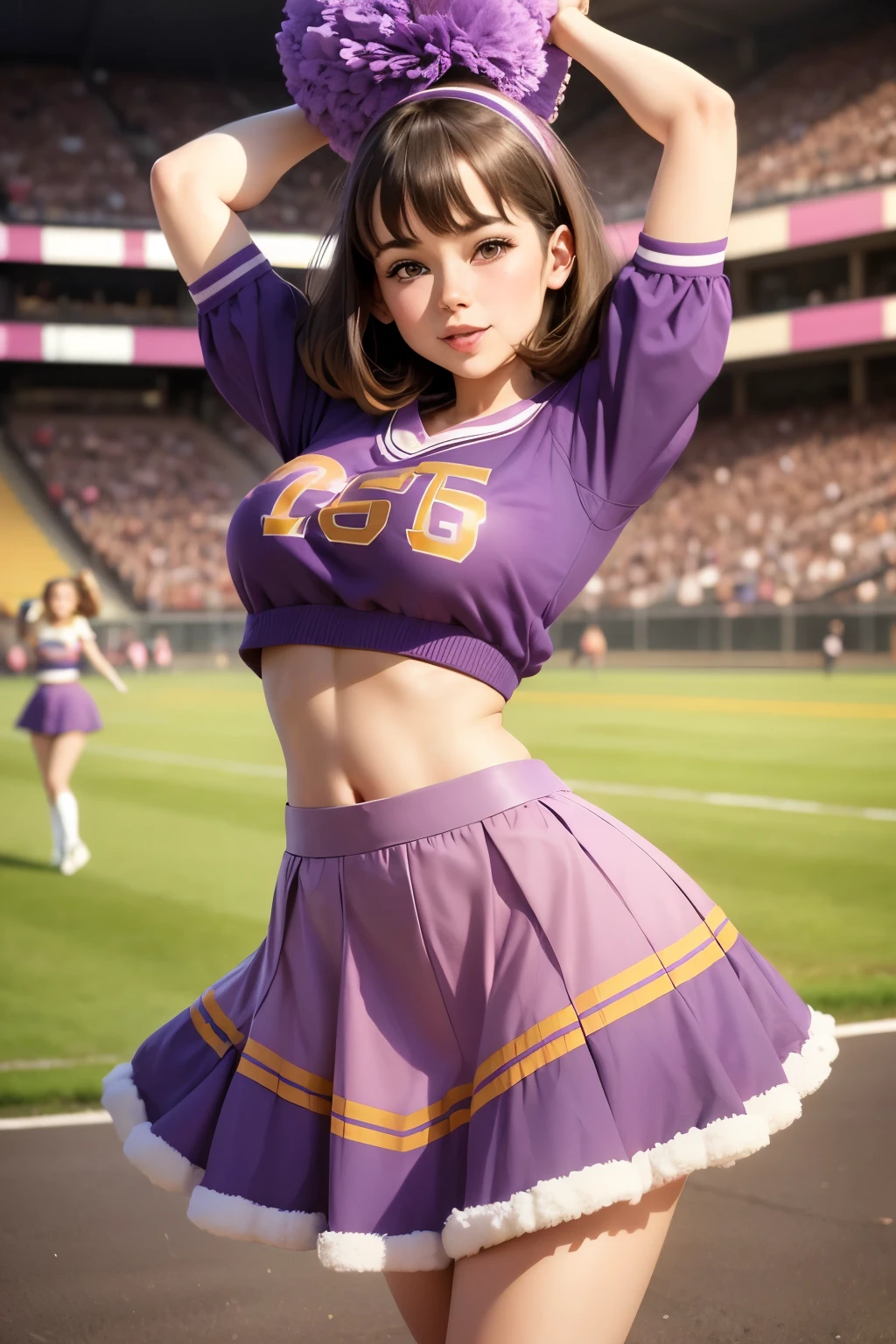 Cute female 1965 cheerleader, knee length skirt, purple gold colors, happy, fun, cheer, cotton and wool skirt and top, large pom poms,