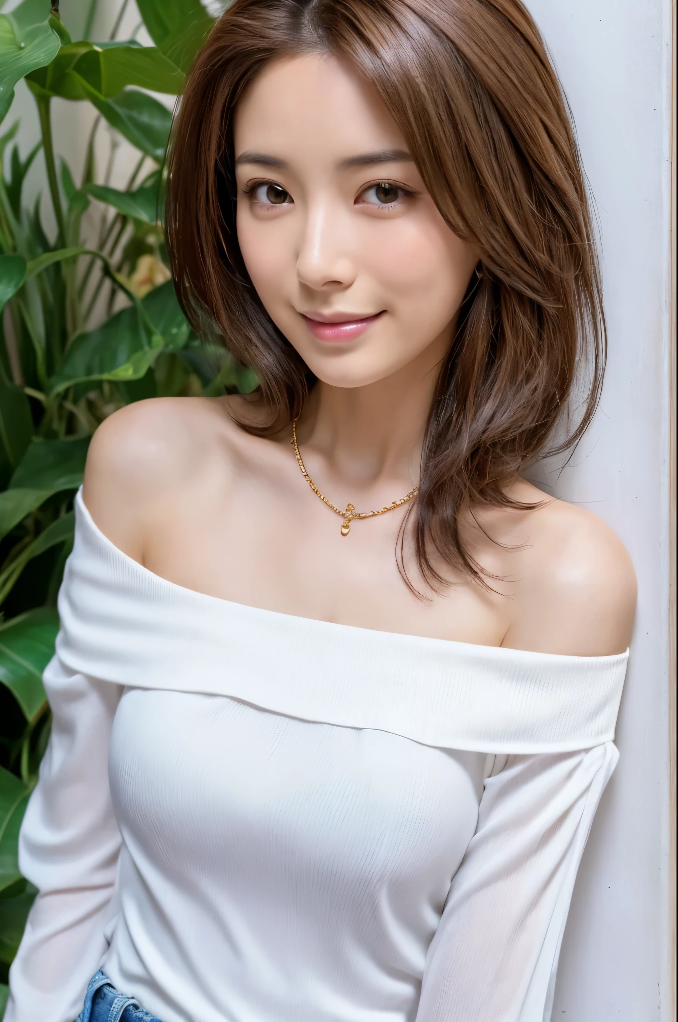 (masterpiece:1.3), high resolution, ultra detailed, extremely detailed CG unity 8k wallpaper, realistic, photo-realistic, RAW photo, Skinny Japanese lady, beautiful detailed face, pale skin, realistic glistening skin, detailed cloth texture, detailed hair texture, Perfect Style, Beautiful Face, accurate, Anatomically correct, Highly detailed face and skin texture, natural neck length, (wet body, wet hair:1.1),
BREAK
Detailed eyes, symmetric eyes, Brown eyes, Double eyelids, Thin eyebrows, (Sexy Lips:1.3), (happy smile:1.2), (blush:1.2)
BREAK, 
((Innocent and Cute girl:1.3)), ((wearing a off-shoulder White blouse:1.4)), (Gold buckle belt), (skinny jeans:1.2), (cross strap high heels:1.2), (necklace, bracelet), (Thin hoop earrings), (pinky ring), (beautiful blue nails:1.2), 
Layered Hairstyle, (brown hair:1.2), (wavy hair:1.2), medium long hair, (small breasts, firm breast, nicely shaped breasts:1.1), (Extremely thin waist)
BREAK, 
((Standing to close:1.4)), ((looking up at viewer:1.2)), 
((close-up shot:1.2)), (Focus on face:1.2), (from above:1.2), (in an outdoor stylish beachside terrace), ((A view of The night sky filled with numerous stars and a large full moon shining brightly:1.3)),