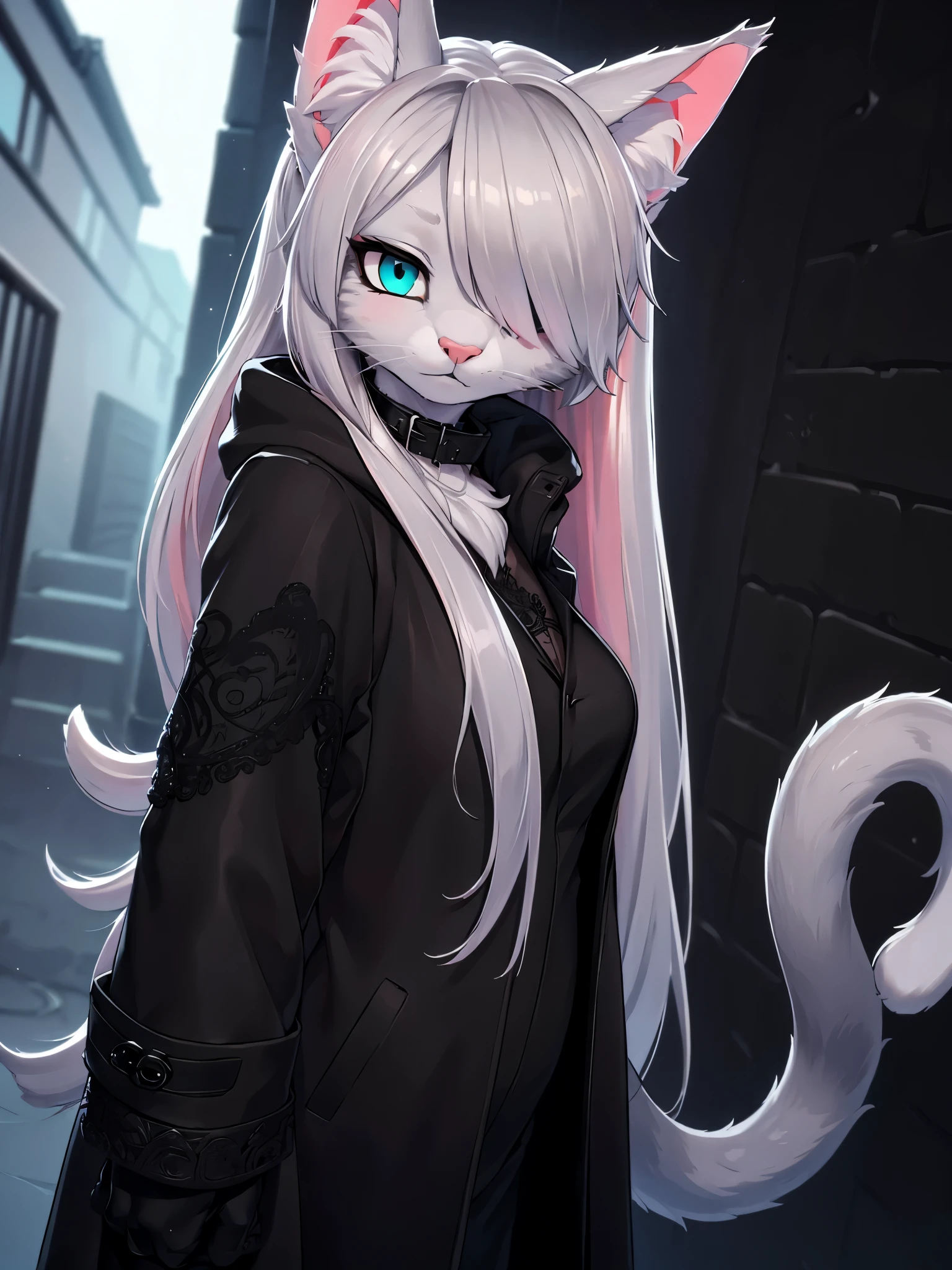 silver hair, hair over one eye