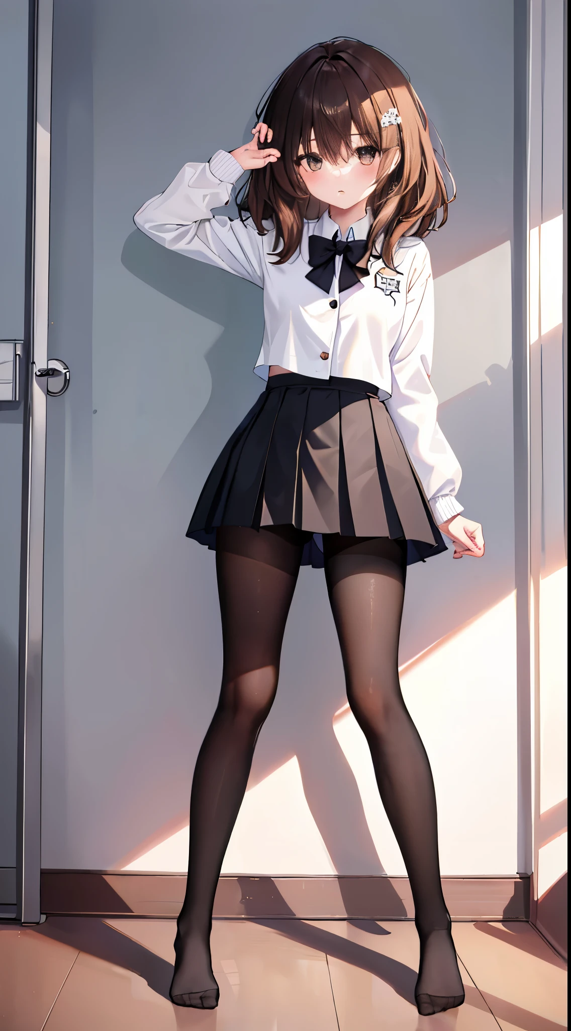 finest, masterpiece, High resolution, (Full body view from head to toe), front, frontやや下からの構図, Symmetrical, 18 year old girl, alone, (whole body from head to toe), small breasts, brown hair, slightly messy hair, long hair, bangs, (black tights), ( (black pantyhose), black pantyhose, (squating pose), show me your white panties, slender beautiful legs, とても美しい18 year old girl, (not wearing shoes), blush, shy big eyes, messy hair, looking at camera, show me your white panties, Blazer uniform appearance、Checkered pleated skirt、Pure white underwear