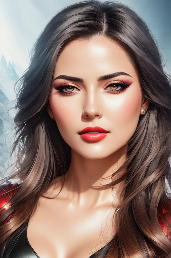 Hyperrealistic art. Art by Karol Bak, background by DKNG studios. Cybernetic android. extremely high-resolution details, photographic, realism pushed to extreme, fine texture, incredibly lifelike. Décolletage. Tattoos, mesmerizing beautiful. Symmetrical, anatomically correct. Golden ratio. Soft red lips, Hyaluronic Acid Lip Filler. Eyeshadow Blending. Brush and Sponge Application. HDR. UHD. breathtaking beauty, pure perfection, divine presence, unforgettable, impressive, breathtaking beauty, Volumetric light, auras, rays, vivid colors reflects.