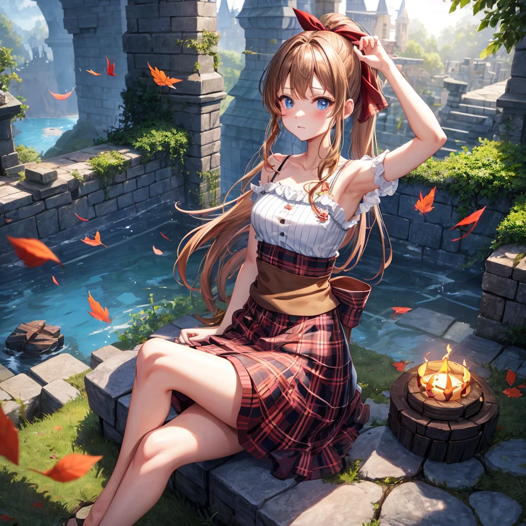 reddish-brown blonde、blue hair、blue eyes、ponytail、one good looking girl、solo、anime、Plaid miniskirt、camisole、sitting、black t-shirt、Tilting your face、Doing the ribbon、Ribbon at waist、sunset sky、broken stone steps、Remains、tunnel、Fallen leaves、Light and shadow、monster castle、One leg is raised、castle floating in the air、column、Jewelry box、flag、sparks fall、forest、Hand mirror、bondage、tall grass grows、cloak、circular cobblestone、the ground is cracked、aquarium、Vortex of Light