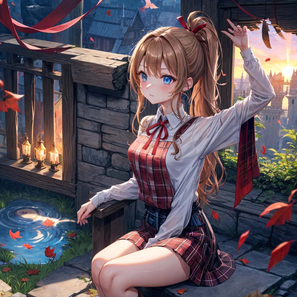 reddish-brown blonde、blue hair、blue eyes、ponytail、one good looking girl、solo、anime、Plaid miniskirt、camisole、sitting、black t-shirt、Tilting your face、Doing the ribbon、Ribbon at waist、sunset sky、broken stone steps、Remains、tunnel、Fallen leaves、Light and shadow、monster castle、One leg is raised、castle floating in the air、column、Jewelry box、flag、sparks fall、forest、Hand mirror、bondage、tall grass grows、cloak、circular cobblestone、the ground is cracked、aquarium、Vortex of Light