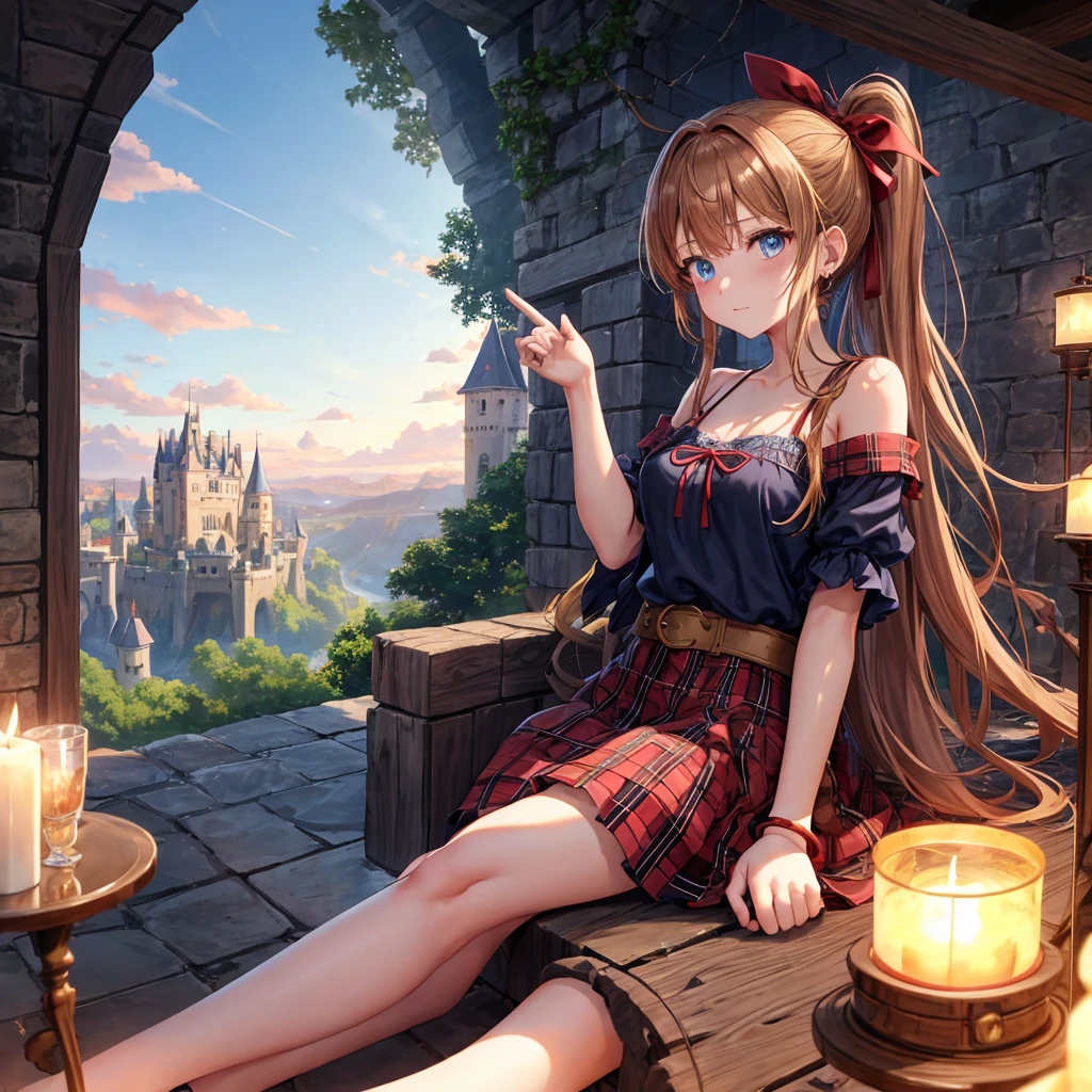 reddish-brown blonde、blue hair、blue eyes、ponytail、one good looking girl、solo、anime、Plaid miniskirt、camisole、sitting、black t-shirt、Tilting your face、Doing the ribbon、Ribbon at waist、sunset sky、broken stone steps、Remains、tunnel、Fallen leaves、Light and shadow、monster castle、One leg is raised、castle floating in the air、column、Jewelry box、flag、sparks fall、forest、Hand mirror、bondage、tall grass grows、cloak、circular cobblestone、the ground is cracked、aquarium、Vortex of Light