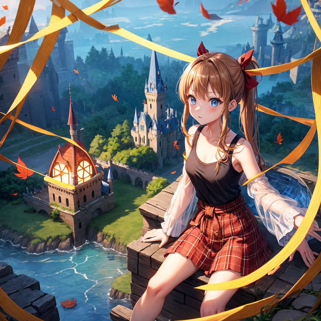 reddish-brown blonde、blue hair、blue eyes、ponytail、one good looking girl、solo、anime、Plaid miniskirt、camisole、sitting、black t-shirt、Tilting your face、Doing the ribbon、Ribbon at waist、sunset sky、broken stone steps、Remains、tunnel、Fallen leaves、Light and shadow、monster castle、One leg is raised、castle floating in the air、column、Jewelry box、flag、sparks fall、forest、Hand mirror、bondage、tall grass grows、cloak、circular cobblestone、the ground is cracked、aquarium、Vortex of Light