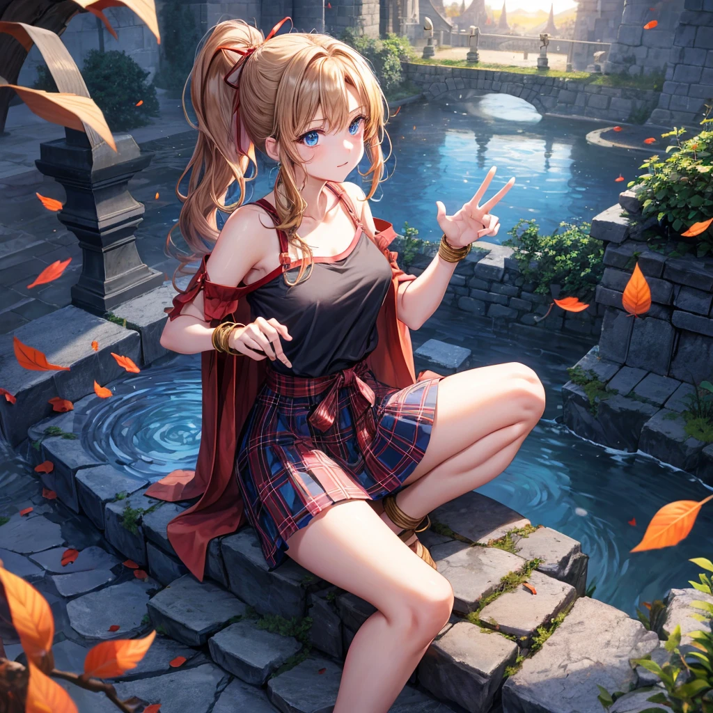 reddish-brown blonde、blue hair、blue eyes、ponytail、one good looking girl、solo、anime、Plaid miniskirt、camisole、sitting、black t-shirt、Tilting your face、Doing the ribbon、Ribbon at waist、sunset sky、broken stone steps、Remains、tunnel、Fallen leaves、Light and shadow、monster castle、One leg is raised、castle floating in the air、column、Jewelry box、flag、sparks fall、forest、Hand mirror、bondage、tall grass grows、cloak、circular cobblestone、the ground is cracked、aquarium、Vortex of Light