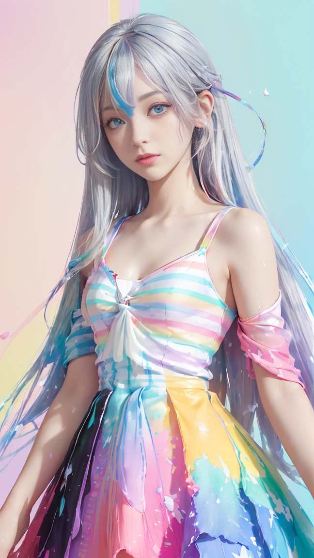 （Pink fashion T-shirt：1.9），(colorfulな髪: 1.8), (all the colours of the rainbow: 1.8),(((((vertical painting：1.6))), （painting：1.6），front, comics, figures, paintings, Big eyes, clear eyes,（ rainbow color gradient high ponytail：1.7）, Exquisite makeup, closed mouth,(Small Fresh: 1.5),(Wipe Chest: 1.6) ，long eyelashes, white off shoulder T-shirt,  White shoulder shirt，looking at the audience, Large watery eyes, (rainbow colored hair：1.6), カラーsplash, （alone：1.8）, カラーsplash, explosion of colors, thick paint style, Messy lines, ((shining))，(colorful), (colorful), (colorful), colorful, Thick paint Style, (splash) (Color splash), Vertical painting, Upper body, paint splash, Acrylic Pigment, Slope, paint, best image quality, highest quality, masterpiece, alone, Depth of bounds written, Face paint,  colorful clothes, (elegant: 1.2), nice,long hair, Wind, (elegant: 1.3), (petal: 1.4)，(((masterpiece))),(((highest quality))),((super detailed)),(figure),(dynamic angle),((floating)),(paint),((messy hair)),(alone),(1 girl) , (((Detailed anima face))),((beautiful detailed face)),collar,bare shoulders,gray hair, ((colorful hair)),((striped hair)),beautiful and fine eyes,(Slope color eyes),(((colorful eyes))),(((colorful background))),(((high color saturation))),(((surrounded by colorful splashes))),