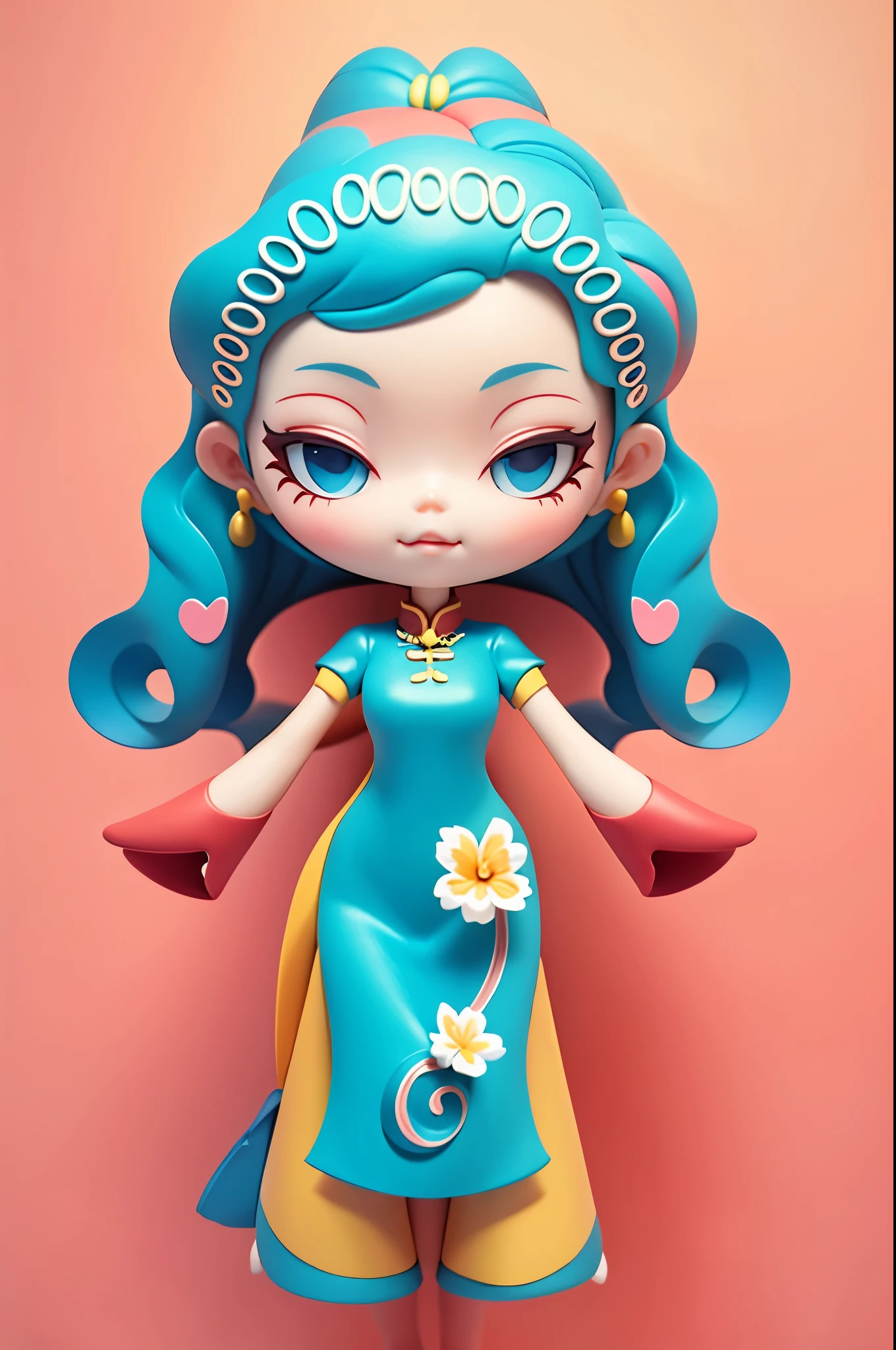 Transition natural colorless block color uniform clean Morandi color matching soft color cute character clay material blind box hand-made style 3d modeling c4d rendering ultra-clear rendering one wearing a blue cheongsam、Cartoon girl with a flower in her hair, National style and national tide 