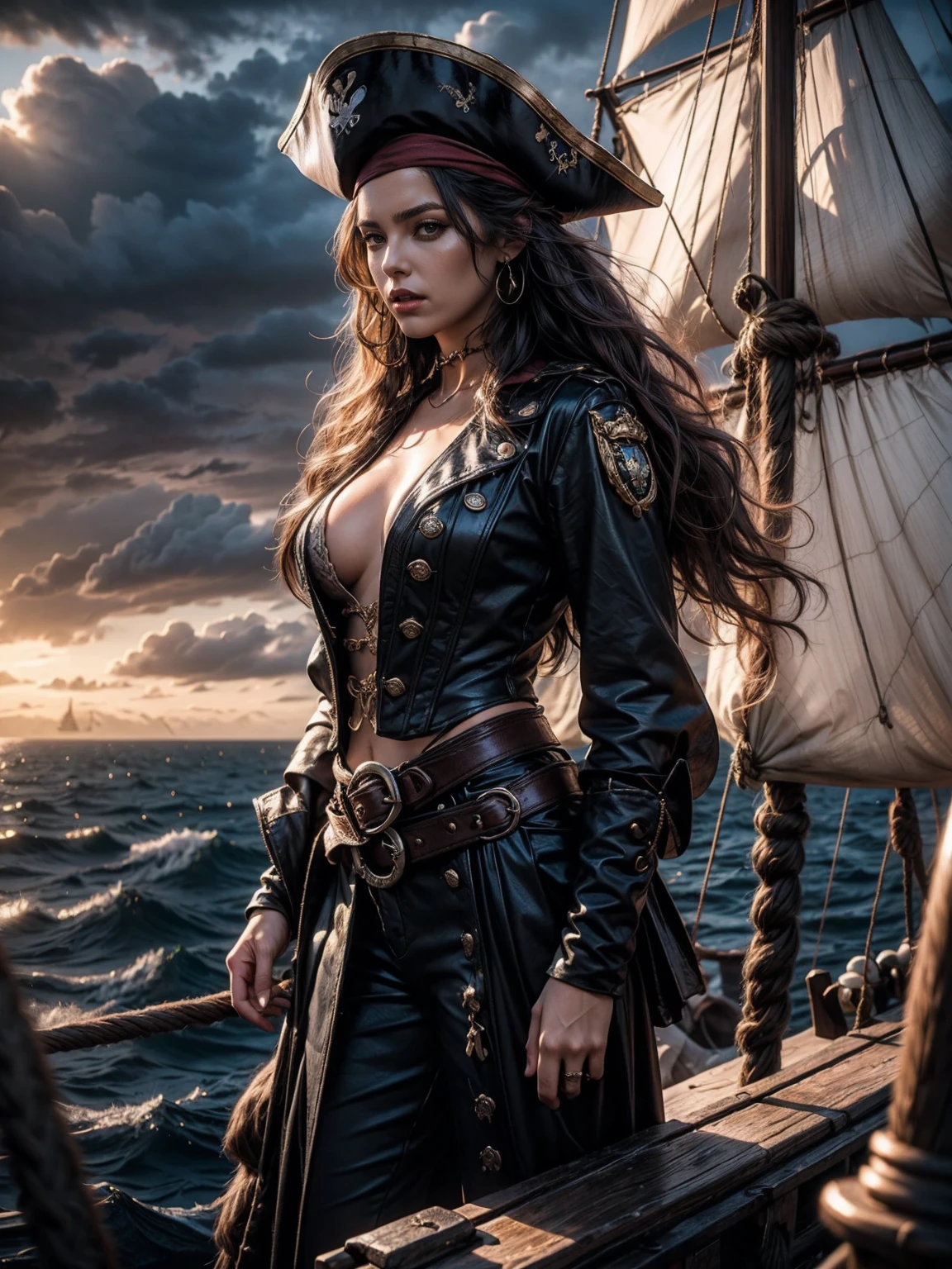 A women in pirate costume, beautiful women, black hair, long hair, wavy hair, wearing pirate hat, medium breast, standing on pirate ship, dark sea background, cloudy sky, 8k, sharp focus, sharp image, high resolution, High quality, UHD, super detailed image
