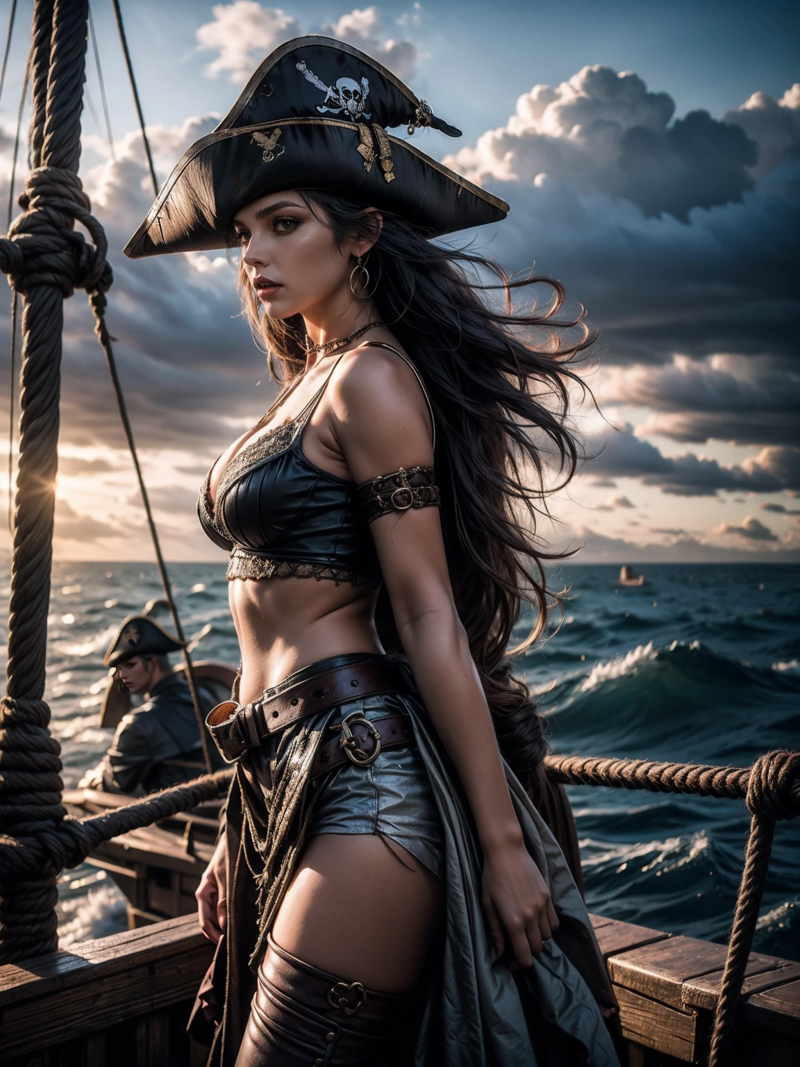 A women in pirate costume, beautiful women, black hair, long hair, wavy hair, wearing pirate hat, medium breast, standing on pirate ship, dark sea background, cloudy sky, 8k, sharp focus, sharp image, high resolution, High quality, UHD, super detailed image
