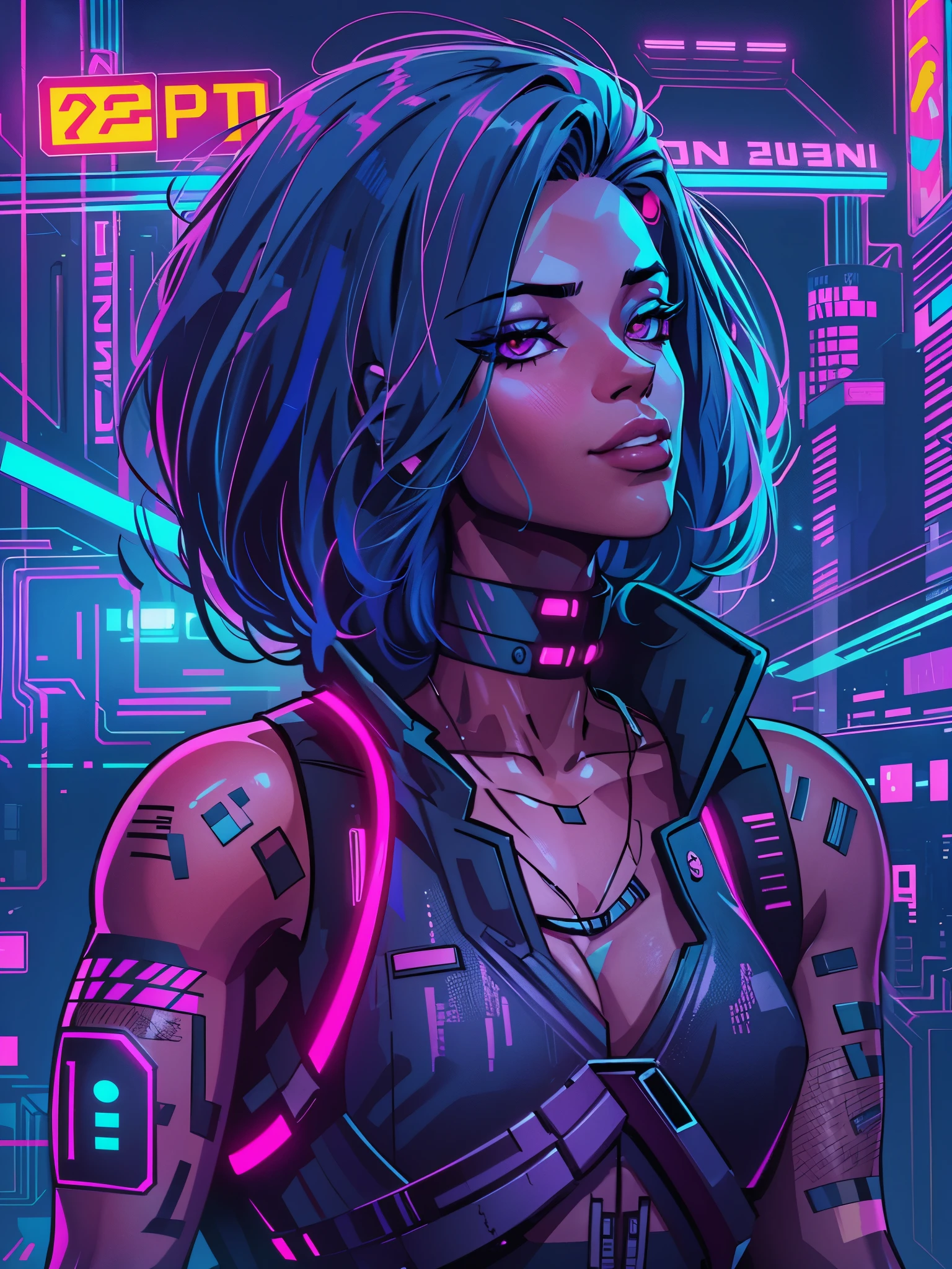 a digital painting of a woman with blue hair, cyberpunk art by Josan Gonzalez, behance contest winner, afrofuturism, synthwave, neon, glowing neon