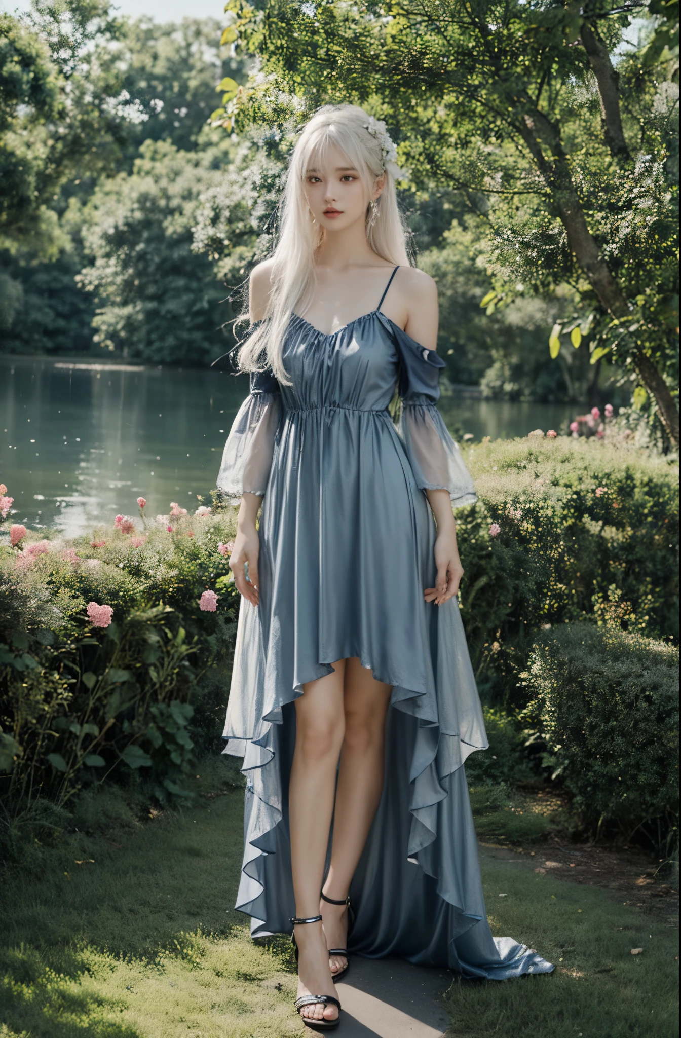 peaceful_Light, (Stand naturally:1.5), sweet girl, white hair, long hair, parted bangs, hair accessories, jewelry, bare shoulders, Detached sleeves, blue dress, Light腿, blue high heels,whole body, outdoor, 阳Light, grassland, flowers, 阳Light明媚, lake, garden,
