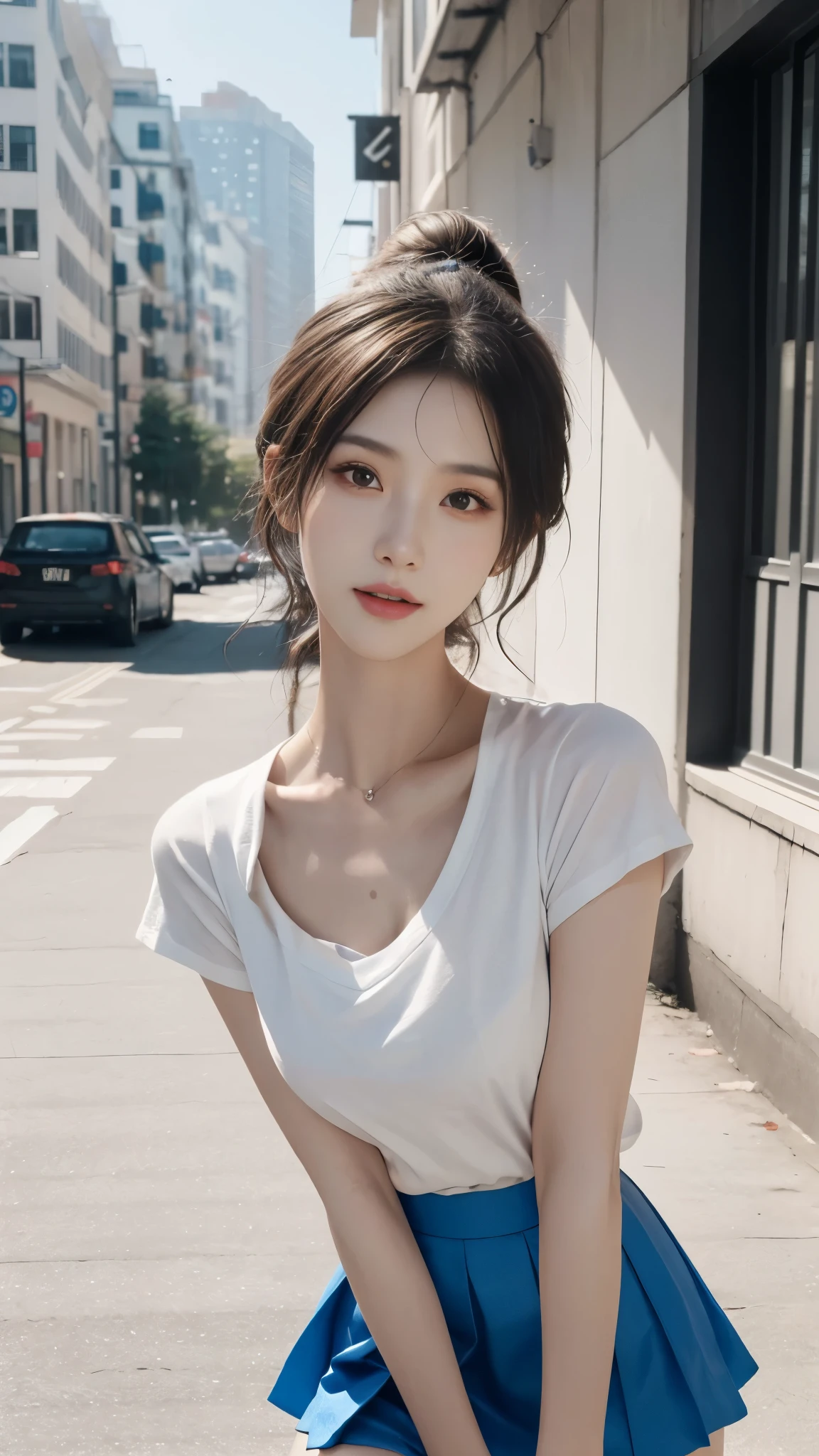(top quality),8k,(masterpiece:1.3),(1 girl:1.3),(medium breasts:1.3),actual,high resolution,Highly detailed facial and skin textures,actual faces,original photo,((beautiful face:1.5)),(beautiful woman:1.4),perfect body proportions,whiten skin,有Light泽的皮肤,((Super detailed face)),attention to detail,double eyelids,eye shadow enhancement,Eye for details,professional lighting,影院灯Light,sharp focus,((sporty style)),((Light, Brightly colored clothes)),Brightly colored T-shirts,short skirt,((Lively,positive,Lively)),(()),((Showing thighs)),(disciple:1.3),on the street