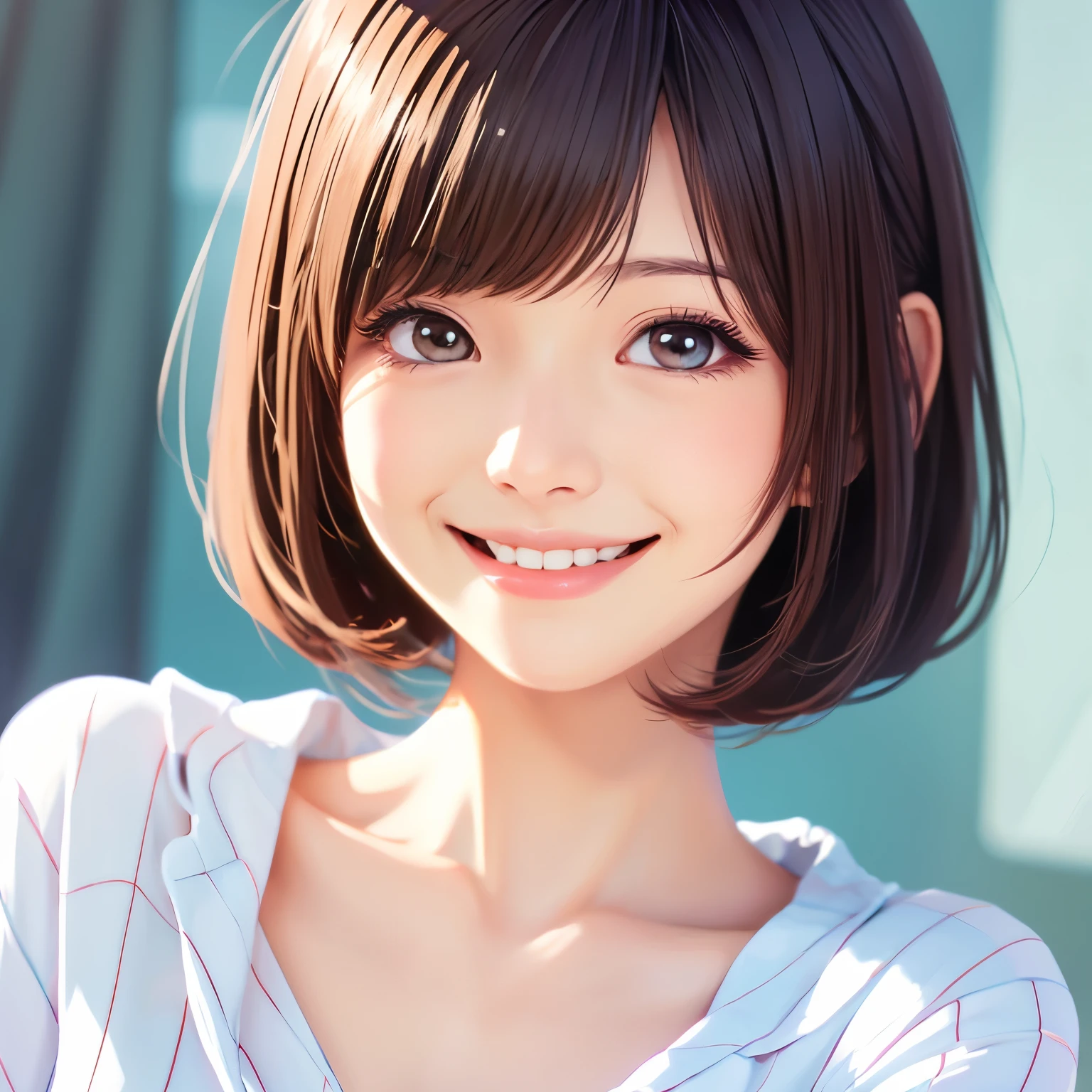 Illustration of a woman with a soothing smile, anime style bob hair, pajamas