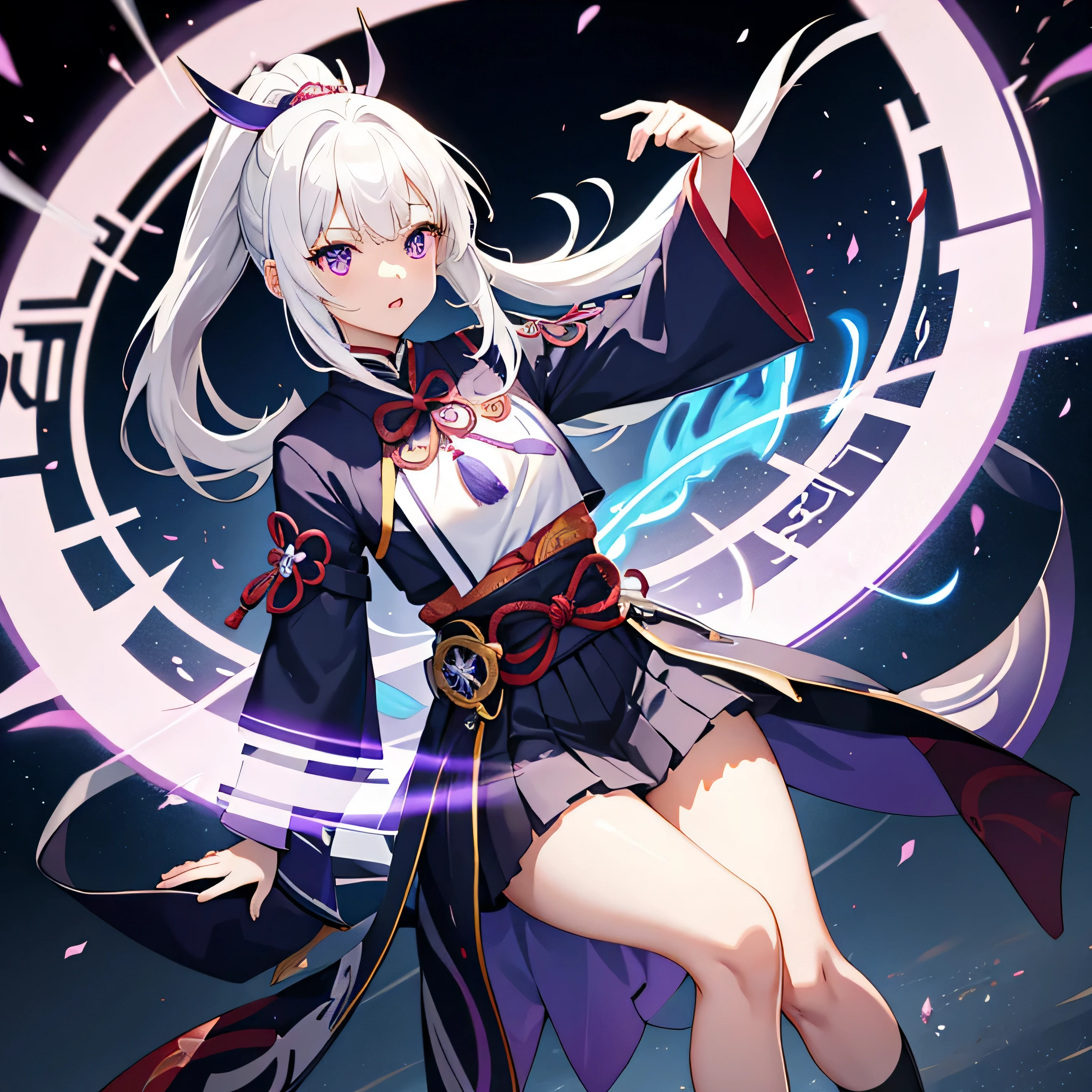 1 girl, japanese clothes, ponytail ,white hair, purple eyes, magic circle, blue flame, blue flame, wallpaper, landscape, Blood, Blood splatter, depth of field, night, Light particles, Light, side Light, thigh, destiny \(series\), Genshin Impact, ****, open jacket, skirt, raise your legs, cloud