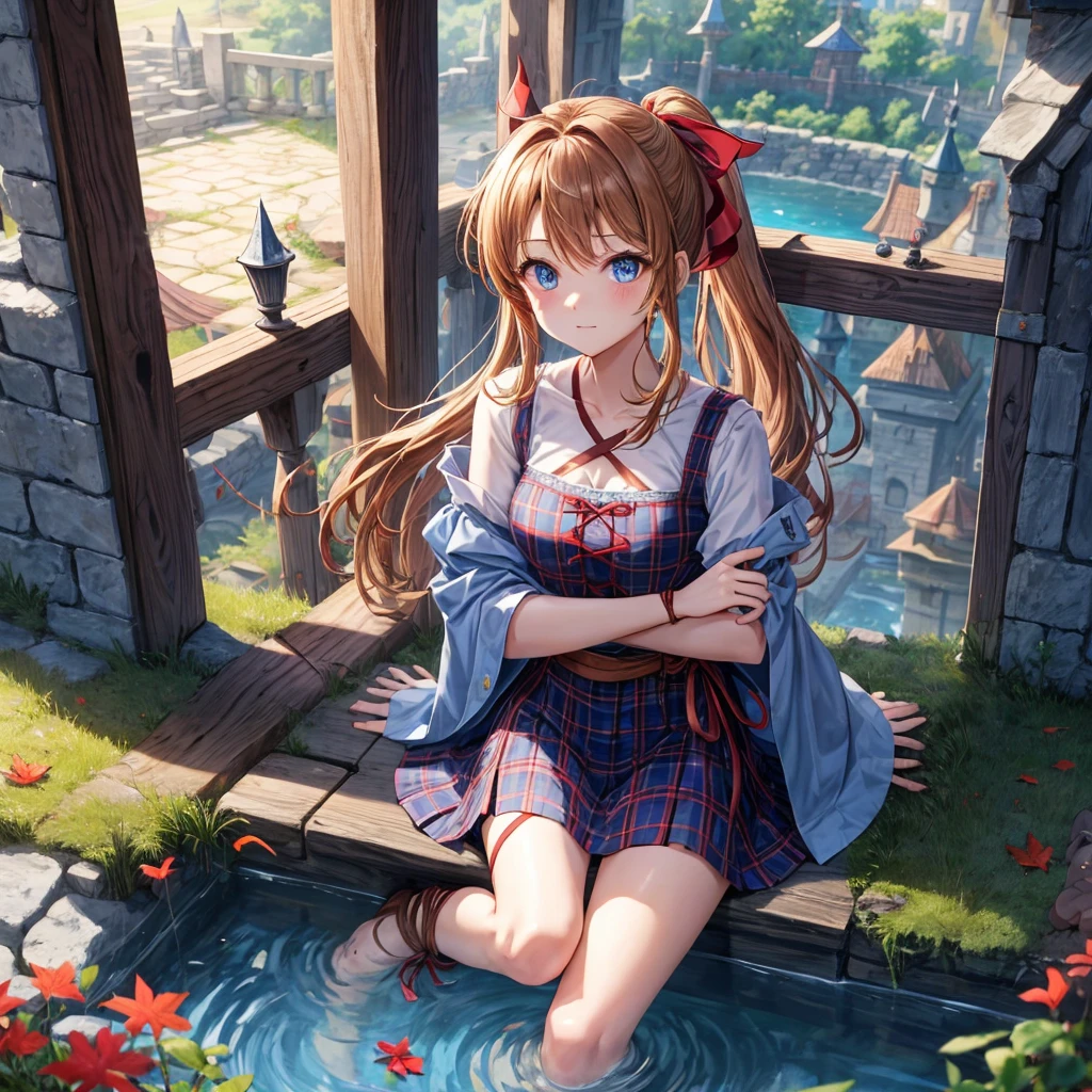 reddish-brown blonde、blue hair、blue eyes、ponytail、one good looking girl、solo、anime、Plaid miniskirt、camisole、sitting、black t-shirt、Tilting your face、Doing the ribbon、Ribbon at waist、sunset sky、broken stone steps、Remains、tunnel、Fallen leaves、Light and shadow、monster castle、One leg is raised、castle floating in the air、column、Jewelry box、flag、sparks fall、forest、Hand mirror、bondage、tall grass grows、cloak、circular cobblestone、the ground is cracked、aquarium、Vortex of Light