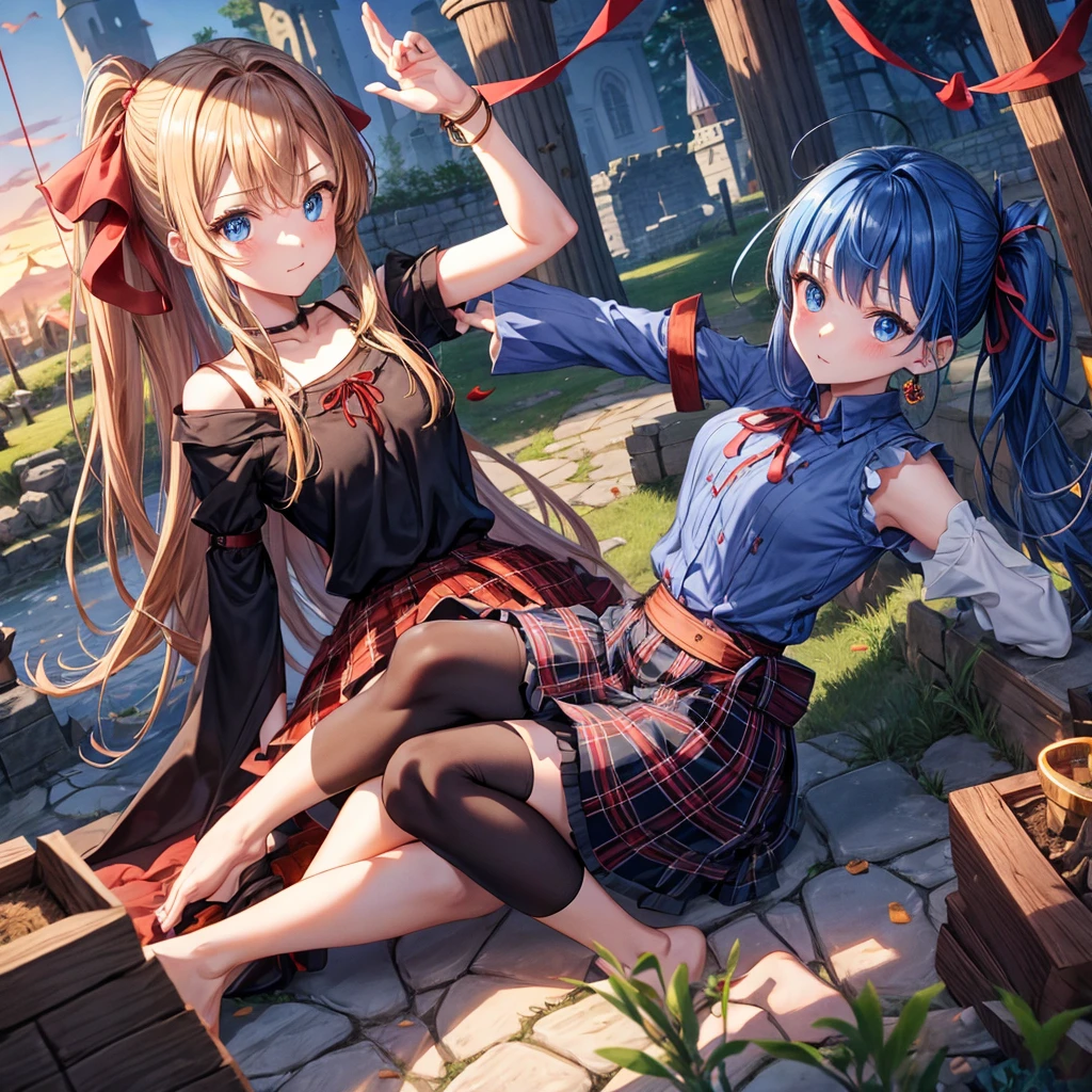 reddish-brown blonde、blue hair、blue eyes、ponytail、one good looking girl、solo、anime、Plaid miniskirt、camisole、sitting、black t-shirt、Tilting your face、Doing the ribbon、Ribbon at waist、sunset sky、broken stone steps、Remains、tunnel、Fallen leaves、Light and shadow、monster castle、One leg is raised、castle floating in the air、column、Jewelry box、flag、sparks fall、forest、Hand mirror、bondage、tall grass grows、cloak、circular cobblestone、the ground is cracked、aquarium、Vortex of Light