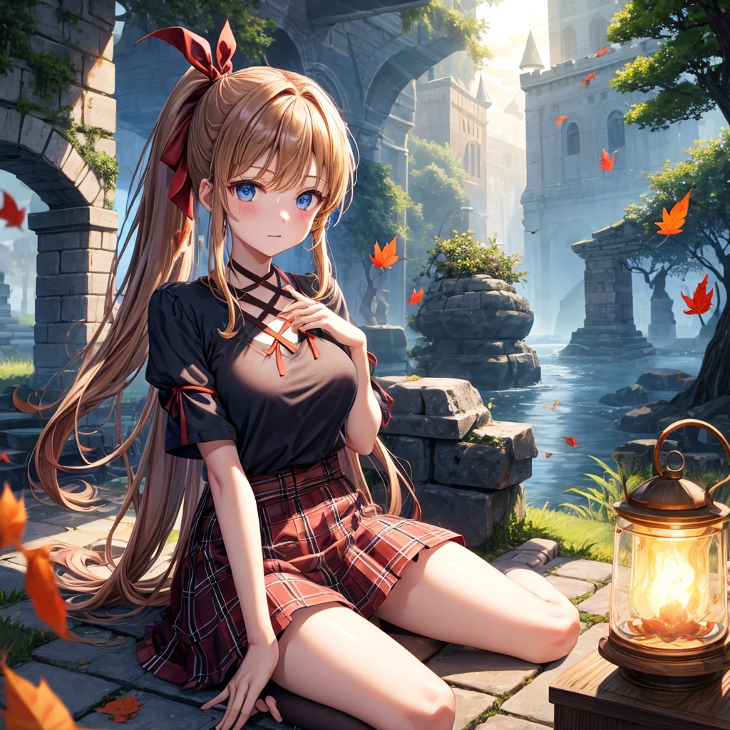 reddish-brown blonde、blue hair、blue eyes、ponytail、one good looking girl、solo、anime、Plaid miniskirt、camisole、sitting、black t-shirt、Tilting your face、Doing the ribbon、Ribbon at waist、sunset sky、broken stone steps、Remains、tunnel、Fallen leaves、Light and shadow、monster castle、One leg is raised、castle floating in the air、column、Jewelry box、flag、sparks fall、forest、Hand mirror、bondage、tall grass grows、cloak、circular cobblestone、the ground is cracked、aquarium、Vortex of Light