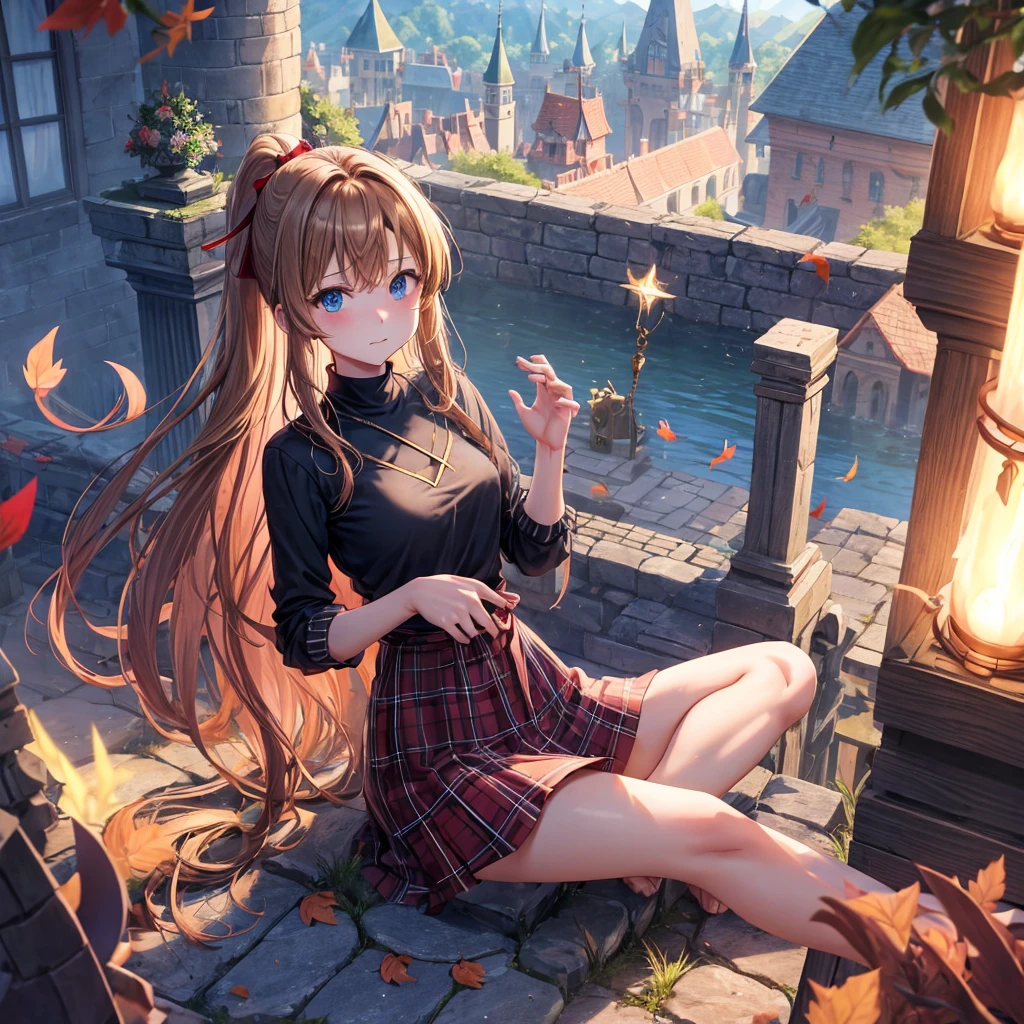 reddish-brown blonde、blue hair、blue eyes、ponytail、one good looking girl、solo、anime、Plaid miniskirt、camisole、sitting、black t-shirt、Tilting your face、Doing the ribbon、Ribbon at waist、sunset sky、broken stone steps、Remains、tunnel、Fallen leaves、Light and shadow、monster castle、One leg is raised、castle floating in the air、column、Jewelry box、flag、sparks fall、forest、Hand mirror、bondage、tall grass grows、cloak、circular cobblestone、the ground is cracked、aquarium、Vortex of Light