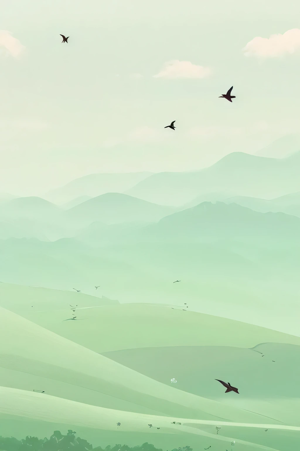 Two swallows flying over green fields on sky background, iWallpaper phone, Wallpaper phone, wallpaper art, Serenity illustration, Wallpaper phone, background artwork, background art, amazing wallpapers, Vertical screen wallpaper, beautiful iWallpaper phone, iphone background, landscape wallpaper, Zen temple background, Detailed Landscape - Width 672, wallpaper background, phone background, Simple wallpapers