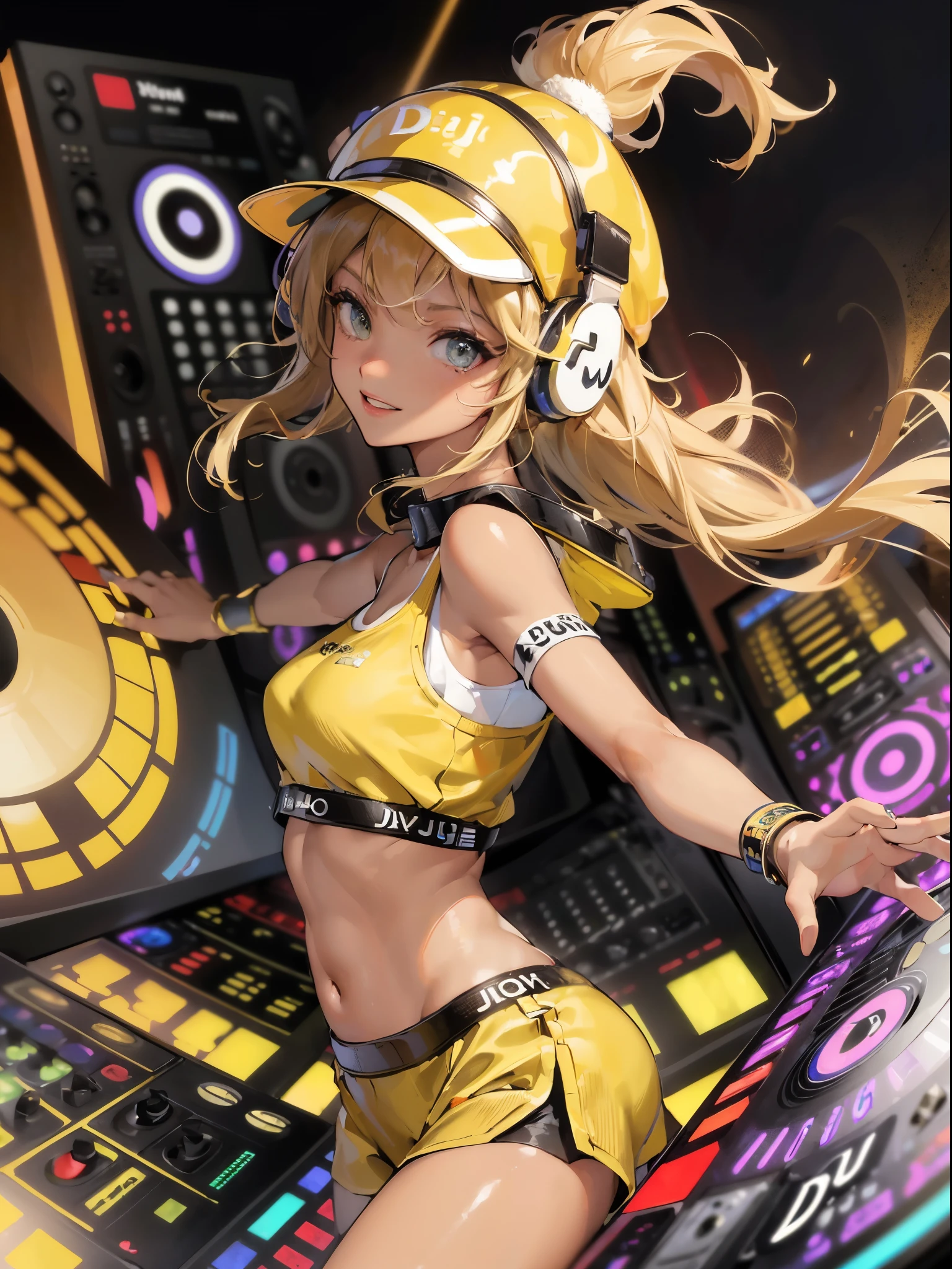 absurderes,(masterpiece、top-quality、8K ),intricate detailes,ultra-detailliert、one girls、grinning 、(gals:1.4)、((DJ:1.5)),(a blond:1.3),((skin tanned:1.4)),(Black Sports Bra、Yellow jumper,Cool Cap Hat:1.3),(Live Stage:1.3),(turntable、Mixing Machine、Sampling Machine、Rhythm Box、mixer,synthesizer、monitors:1.2),Stage Live Background、Spotlight from behind、Hyper realistic,Perfect Anatomy