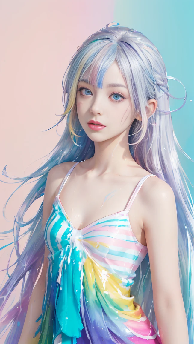 (Pink fashion T-shirt:1.9),(colorfulな髪: 1.8), (all the colours of the rainbow: 1.8),(((((vertical painting:1.6))), (painting:1.6),front, comics, figures, paintings, Big eyes, clear eyes,( rainbow color gradient high ponytail:1.7), Exquisite makeup, closed mouth,(Small Fresh: 1.5),(Wipe Chest: 1.6) ,long eyelashes, white off shoulder T-shirt, White shoulder shirt,looking at the audience, Large watery eyes, (rainbow colored hair:1.6), カラーsplash, (alone:1.8), カラーsplash, explosion of colors, thick paint style, Messy lines, ((shining)),(colorful), (colorful), (colorful), colorful, Thick paint Style, (splash) (Color splash), Vertical painting, Upper body, paint splash, Acrylic Pigment, Slope, paint, best image quality, highest quality, masterpiece, alone, Depth of bounds written, Face paint, colorful clothes, (elegant: 1.2), nice,long hair, Wind, (elegant: 1.3), (petal: 1.4),(((masterpiece))),(((highest quality))),((super detailed)),(figure),(dynamic angle),((floating)),(paint),((messy hair)),(alone),(1 girl) , (((Detailed anima face))),((beautiful detailed face)),collar,bare shoulders,gray hair, ((colorful hair)),((striped hair)),beautiful and fine eyes,(Slope color eyes),(((colorful eyes))),(((colorful background))),(((high color saturation))),(((surrounded by colorful splashes))),