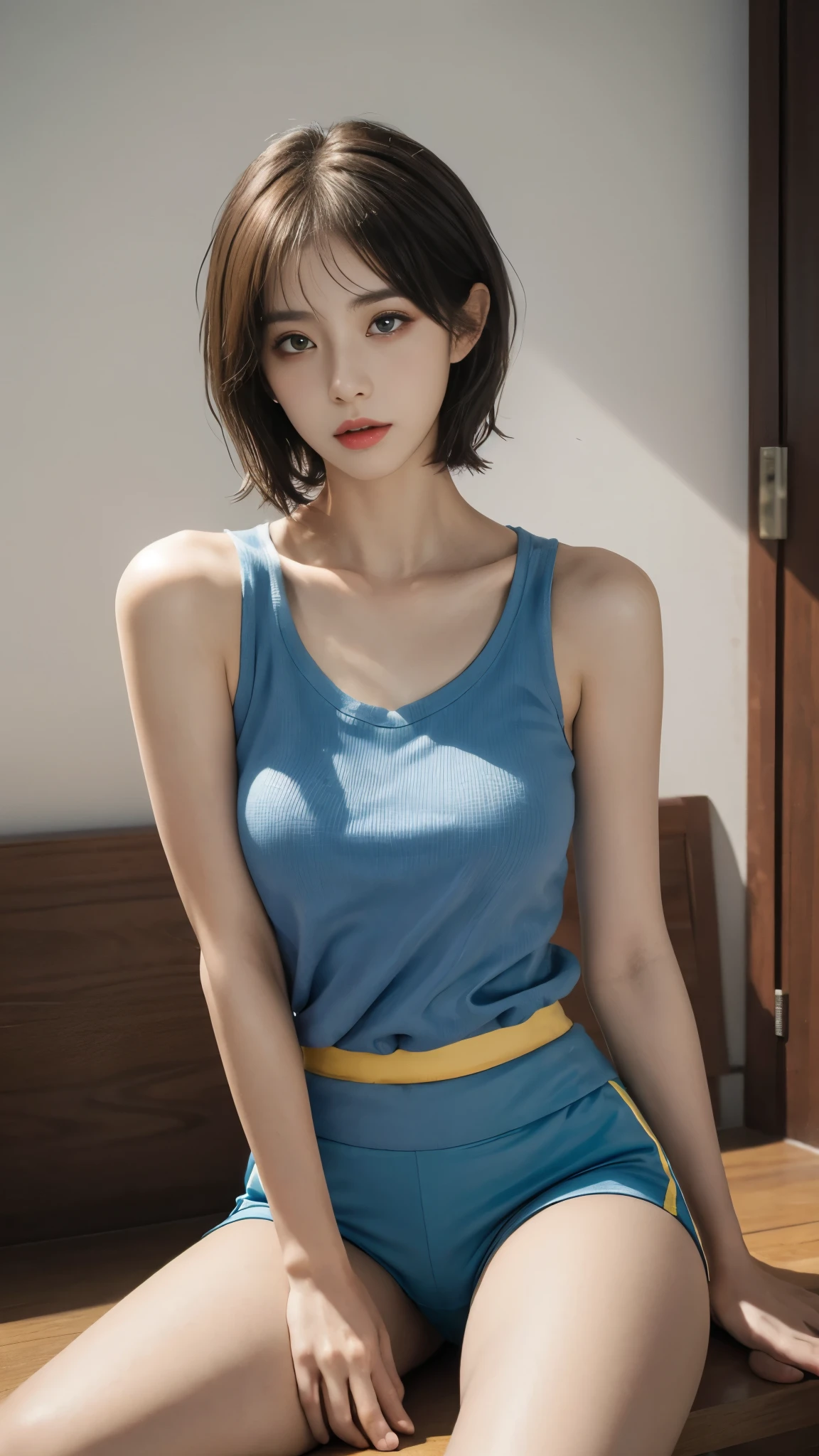 (masterpiece, best quality:1.4), (permanent:1.5), 1 girl, alone, Shunfa Spring, blue tanktop, Uniform standards, blue pants, tights, yellow ribbon, short hair, sports shoes, bare shoulders, (Young women in Europe:1), view viewer, belosoriso, pretty face, The facial details are very rich, Highly detailed eyes, subsurface scattering, actual pupils, full face blush, full pouty lips, Detailed background, depth of field, Volumetric lighting, sharp focus, absurd, actual proportions, (actual, hyper-realistic:1.4), 16K HD
