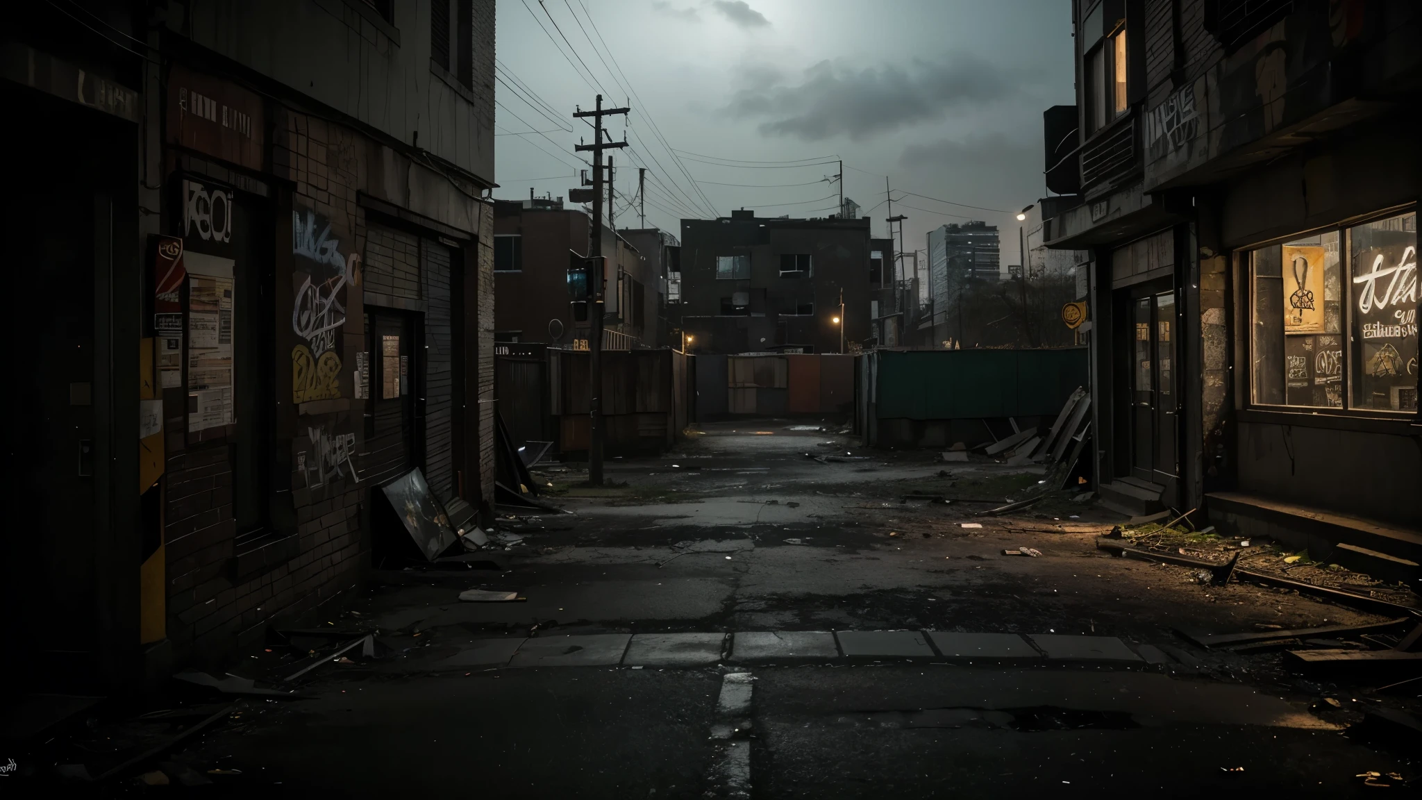 An urban, dark scene emerges from the depths of the night. The atmosphere is filled with a sense of mystery, as if secrets are hiding in every corner. The main focal point of the picture is a graffiti-covered wall, covered in vibrant, contrasting colors. The graffiti tells a story, depicting the grim reality of the city and the struggles of its inhabitants. The textures of the wall are rough and weathered, showcasing the passage of time and the decay of the urban landscape. Additional details include dimly lit street lamps casting long shadows, revealing glimpses of abandoned buildings in the distance. The image quality is of the highest standard, with ultra-detailed and realistic elements. The colors are vivid, with a dark and moody color palette dominating the scene. The lighting is dramatic, creating pockets of light and areas of darkness, enhancing the overall atmosphere. The art style is inspired by gritty urban photography, capturing the raw essence of the city.