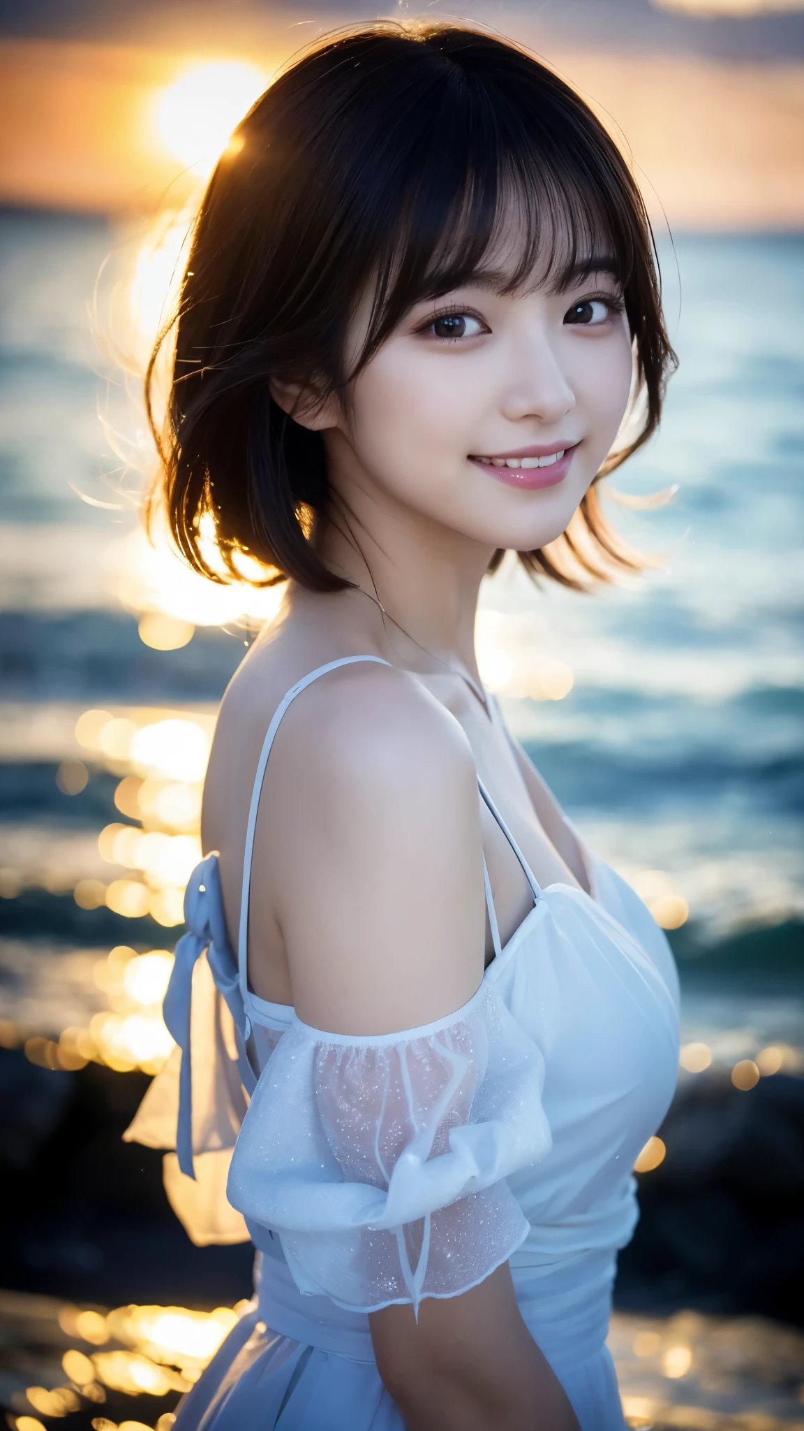 (highest quality,masterpiece:1.3,ultra high resolution),(Super detailed,caustics,8k),(photorealistic:1.4,RAW shooting),[lora:siitake-eye:0.5],Japanese,28 years old,cute,(Smiling and looking at the camera),(Black hair fluttering in the wind:1.1),Middle hair,natural makeup,(big ),white blouse,(bust up shot),(Front view),The sea sparkles reflecting the sunlight,soft light,Natural light,professional writing