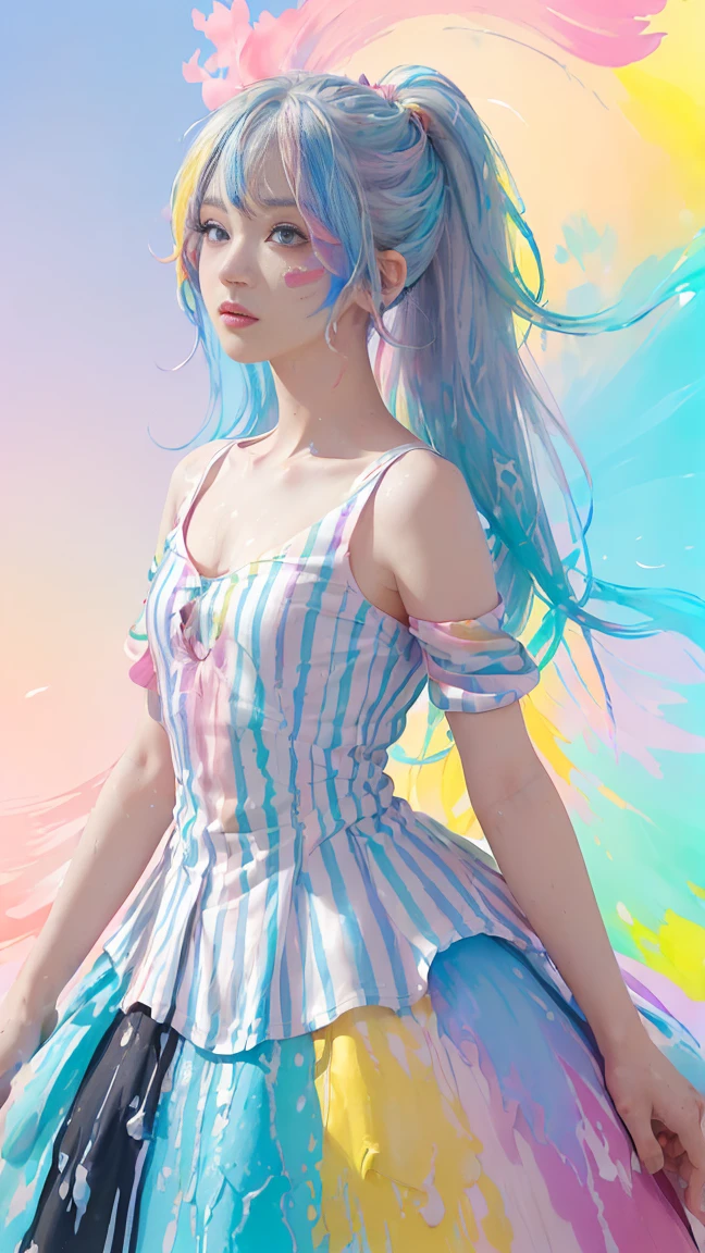 （Pink fashion T-shirt：1.9），(colorfulな髪: 1.8), (all the colours of the rainbow: 1.8),(((((vertical painting：1.6))), （painting：1.6），front, comics, figures, paintings, Big eyes, clear eyes,（ rainbow color gradient high ponytail：1.7）, Exquisite makeup, closed mouth,(Small Fresh: 1.5),(Wipe Chest: 1.6) ，long eyelashes, white off shoulder T-shirt,  White shoulder shirt，looking at the audience, Large watery eyes, (rainbow colored hair：1.6), カラーsplash, （alone：1.8）, カラーsplash, explosion of colors, thick paint style, Messy lines, ((shining))，(colorful), (colorful), (colorful), colorful, Thick paint Style, (splash) (Color splash), Vertical painting, Upper body, paint splash, Acrylic Pigment, Slope, paint, best image quality, highest quality, masterpiece, alone, Depth of bounds written, Face paint,  colorful clothes, (elegant: 1.2), nice,long hair, Wind, (elegant: 1.3), (petal: 1.4)，(((masterpiece))),(((highest quality))),((super detailed)),(figure),(dynamic angle),((floating)),(paint),((messy hair)),(alone),(1 girl) , (((Detailed anima face))),((beautiful detailed face)),collar,bare shoulders,gray hair, ((colorful hair)),((striped hair)),beautiful and fine eyes,(Slope color eyes),(((colorful eyes))),(((colorful background))),(((high color saturation))),(((surrounded by colorful splashes))),