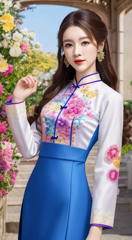 (masterpiece, top quality, best quality, official art, beautiful and aesthetic:1.2), (a beautiful girl in vintage aodai:1.3), extremely detailed,(fractal art:1.1),(colorful:1.1)(flowers:1.3),highest detailed,(zentangle:1.2), (dynamic pose), (abstract background:1.3), (vietnam Traditional cloth:1.2), (shiny skin), (many colors:1.4), ,(earrings:1.4),