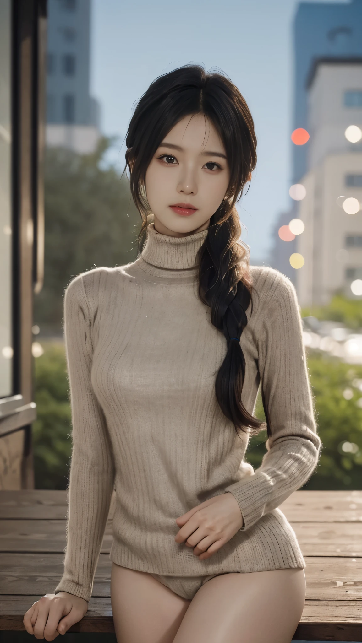(on the table,best quality:1.4),(8k,原始photo,Photographic Realism:1.2),View from the front,Expert details ,((cowboy shooting:1.2)),photo,attractive,on the table, rest (((no pants:1.4))),naked lower body,,(((not clearly visible))),1 Japanese woman,((Wear thin short turtleneck knitted long sleeves)),Awkward.(curve:1.1),pretty face,(public hair:1.5)) Break poses for photos, outdoors at night,((blurred background)),