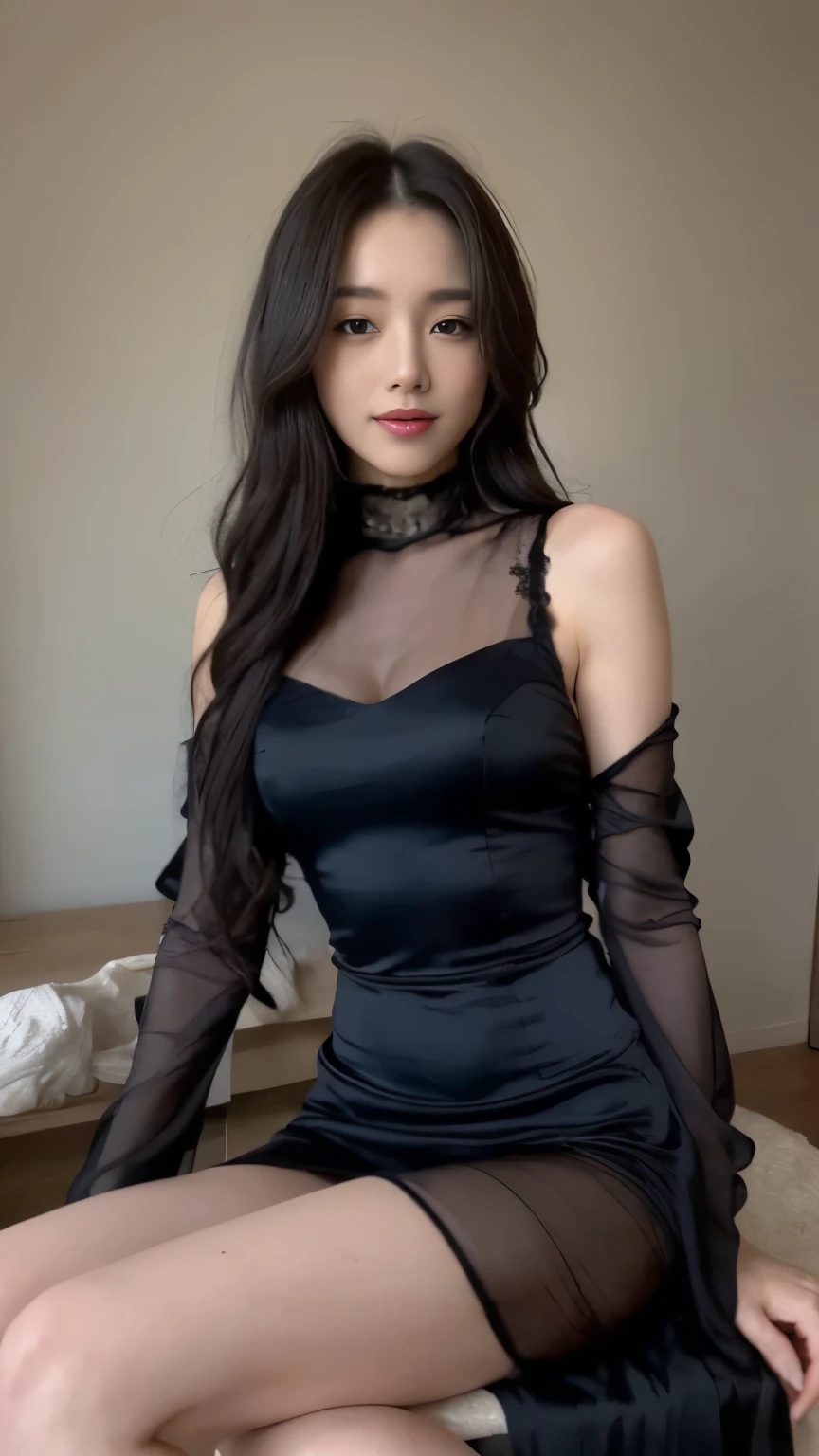 ((top-quality、8k、masterpiece:1.3))、Beautiful woman with perfect body:1.4、slim abdomen:1.2、Longhair, normal breast, Highly detailed facial and skin texture, A detailed eye, delicate eyes, (smile), (full body shot), ((studio)), (sitting on chair), (((wearing black silk dress))), looking in front, (plain grey background)