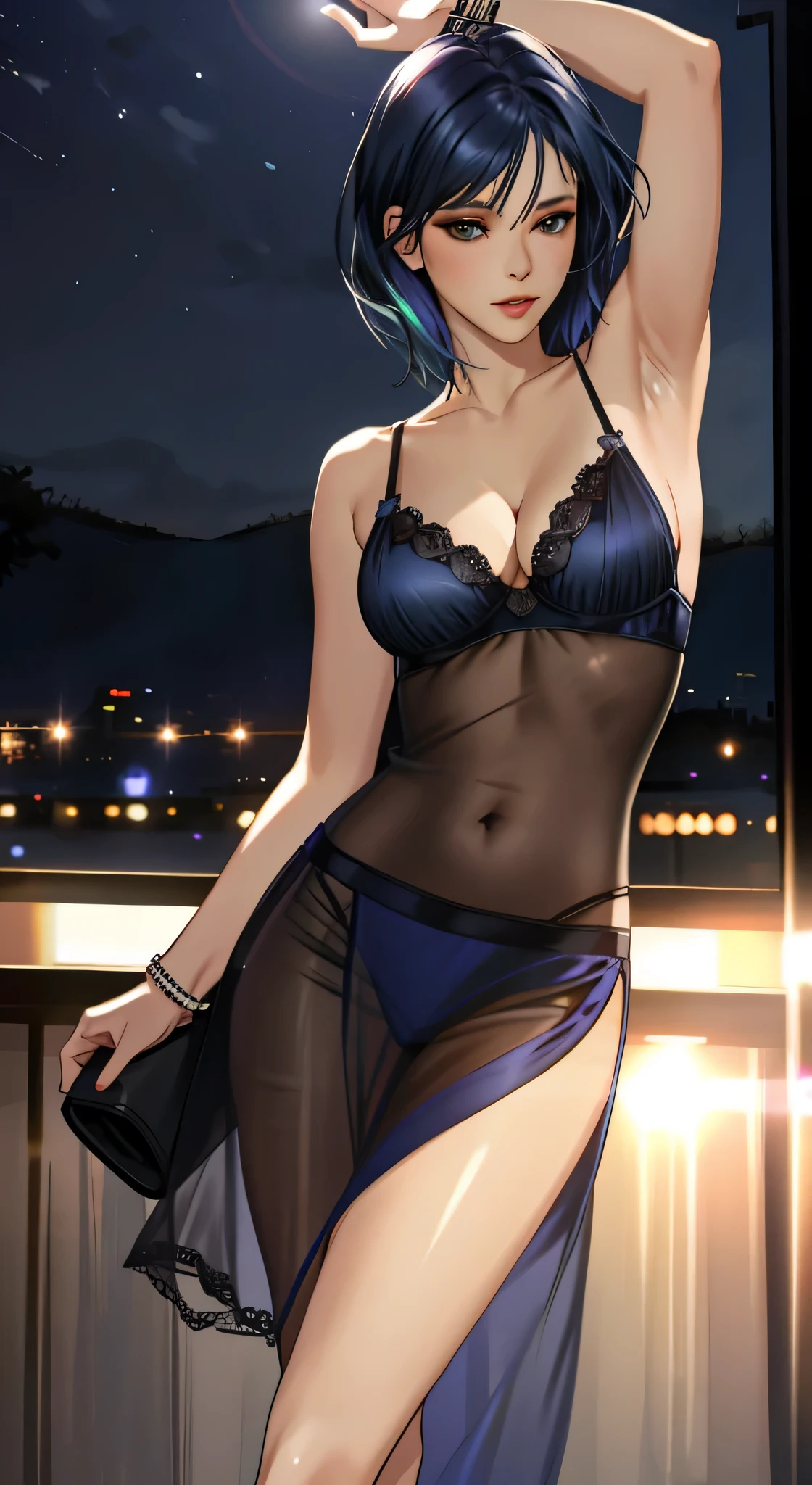 at night, medium , (realistic, photo-realistic), Detailed clothes, cleavage, party, no bra, nip slip, night club, dance, short dark blue hair