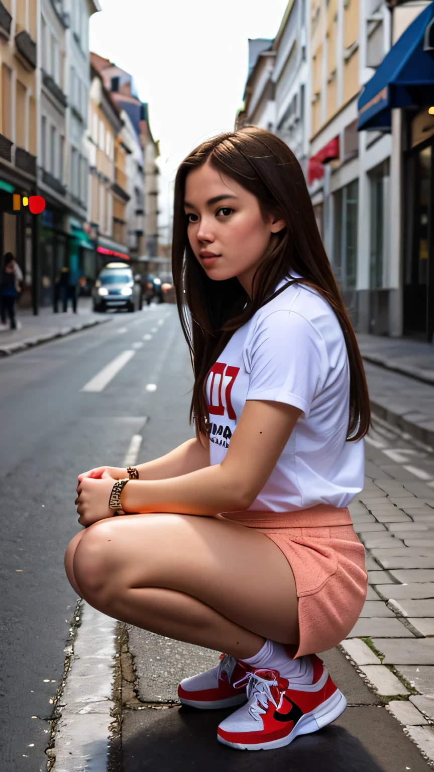 highest quality, detailed background, Girl squatting, ,Euro_street, random_wear,