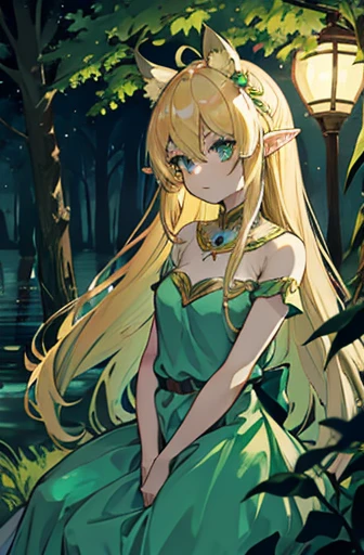 forest lake at night　moonlight　long blonde hair　Butterfly wings on the elf&#39;s back　jewels on head and ears　wearing a pale green dress