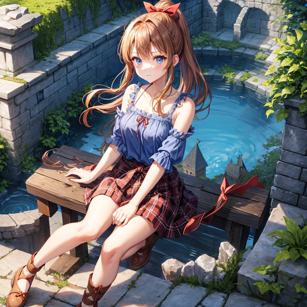 reddish-brown blonde、blue hair、blue eyes、ponytail、one good looking girl、solo、anime、Plaid miniskirt、camisole、sitting、black t-shirt、Tilting your face、Doing the ribbon、Ribbon at waist、sunset sky、broken stone steps、Remains、tunnel、Fallen leaves、Light and shadow、monster castle、One leg is raised、castle floating in the air、column、Jewelry box、flag、sparks fall、forest、Hand mirror、bondage、tall grass grows、cloak、circular cobblestone、the ground is cracked、aquarium、Vortex of Light
