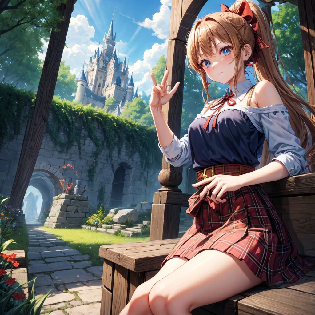 reddish-brown blonde、blue hair、blue eyes、ponytail、one good looking girl、solo、anime、Plaid miniskirt、camisole、squatting down、black t-shirt、Tilting your face、Doing the ribbon、Ribbon at waist、sunset sky、broken stone steps、Remains、tunnel、Fallen leaves、Light and shadow、monster castle、One leg is raised、castle floating in the air、column、Jewelry box、flag、sparks fall、forest、Hand mirror、bondage、tall grass grows、cloak、circular cobblestone、the ground is cracked、aquarium、Vortex of Light、looking down、Fairies are flying