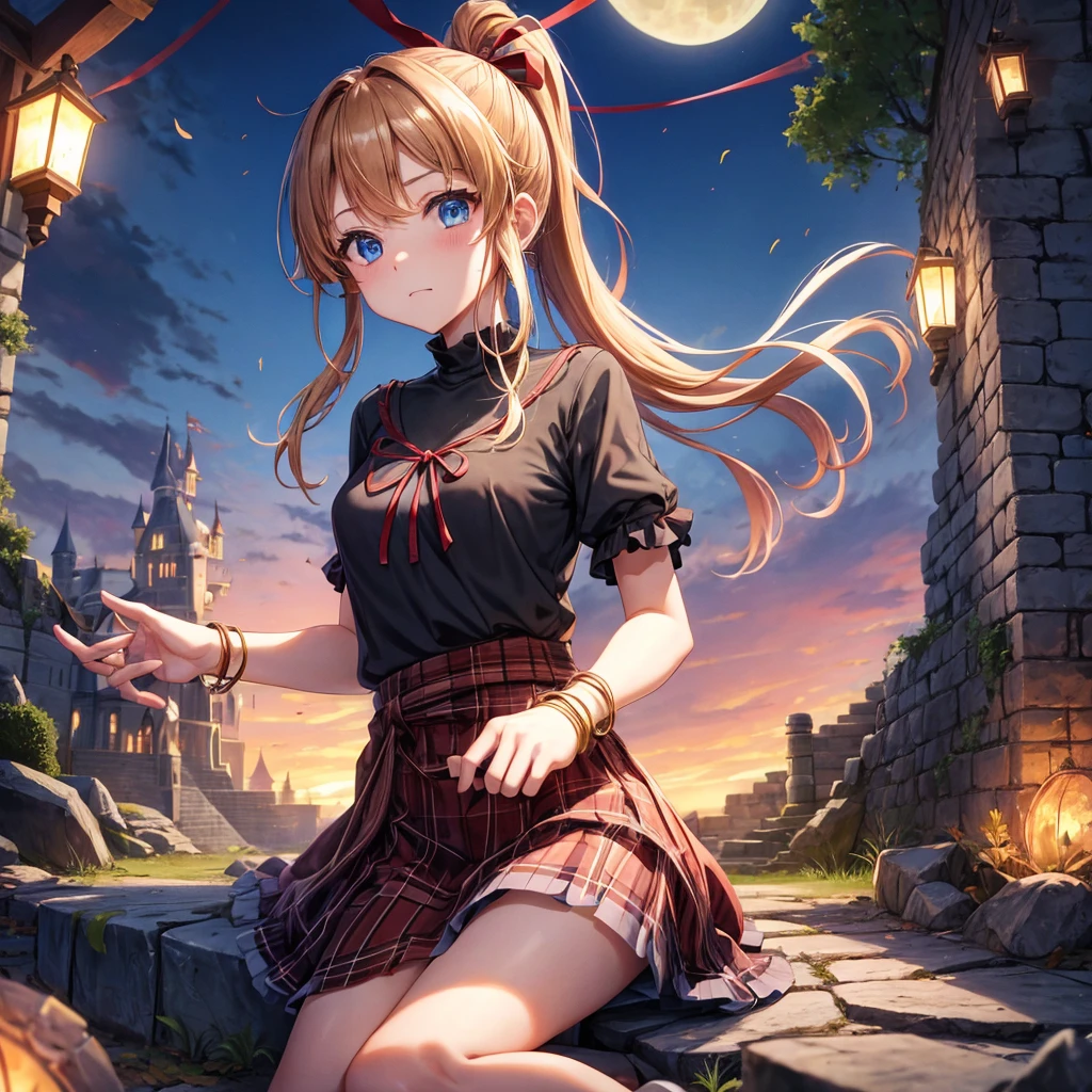 reddish-brown blonde、blue hair、blue eyes、ponytail、one good looking girl、solo、anime、Plaid miniskirt、camisole、sitting、black t-shirt、Tilting your face、Doing the ribbon、Ribbon at waist、sunset sky、broken stone steps、Remains、tunnel、Fallen leaves、Light and shadow、monster castle、One leg is raised、castle floating in the air、column、Jewelry box、flag、sparks fall、forest、Hand mirror、bondage、tall grass grows、cloak、circular cobblestone、the ground is cracked、aquarium、Vortex of Light