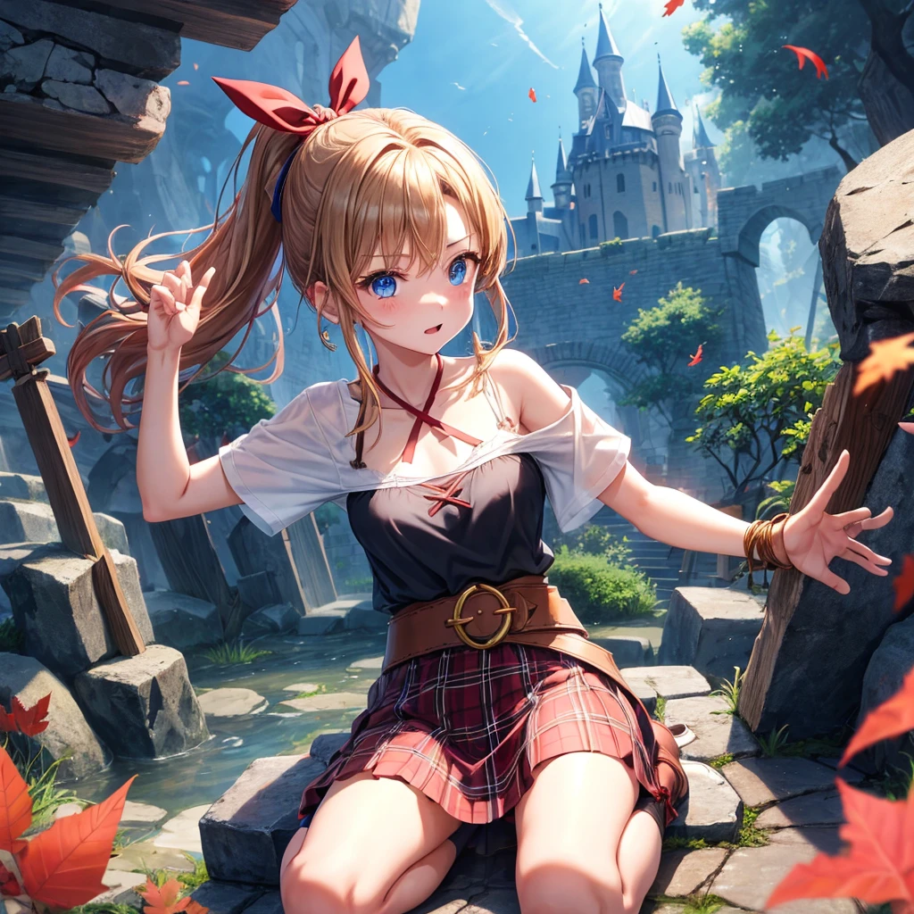 reddish-brown blonde、blue hair、blue eyes、ponytail、one good looking girl、solo、anime、Plaid miniskirt、camisole、sitting、black t-shirt、Tilting your face、Doing the ribbon、Ribbon at waist、sunset sky、broken stone steps、Remains、tunnel、Fallen leaves、Light and shadow、monster castle、One leg is raised、castle floating in the air、column、Jewelry box、flag、sparks fall、forest、Hand mirror、bondage、tall grass grows、cloak、circular cobblestone、the ground is cracked、aquarium、Vortex of Light