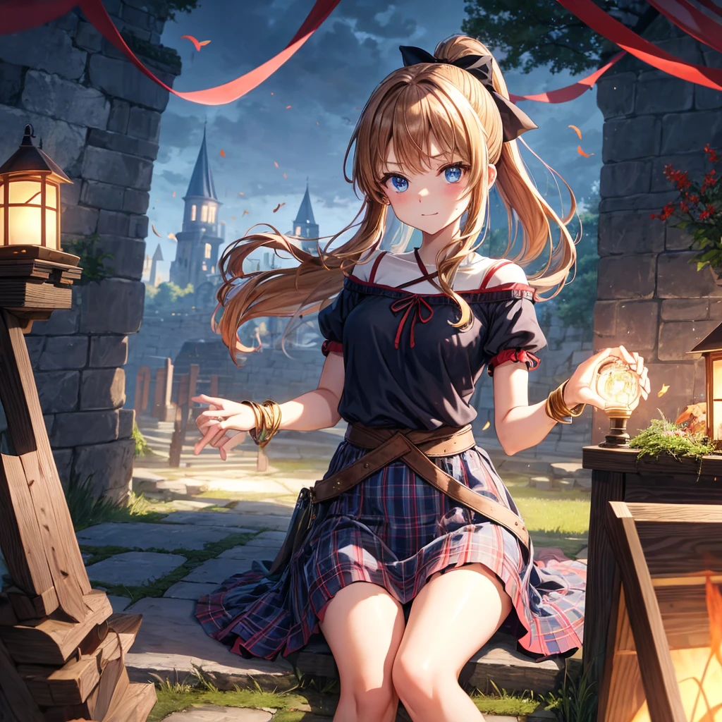 reddish-brown blonde、blue hair、blue eyes、ponytail、one good looking girl、solo、anime、Plaid miniskirt、camisole、sitting、black t-shirt、Tilting your face、Doing the ribbon、Ribbon at waist、sunset sky、broken stone steps、Remains、tunnel、Fallen leaves、Light and shadow、monster castle、One leg is raised、castle floating in the air、column、Jewelry box、flag、sparks fall、forest、Hand mirror、bondage、tall grass grows、cloak、circular cobblestone、the ground is cracked、aquarium、Vortex of Light