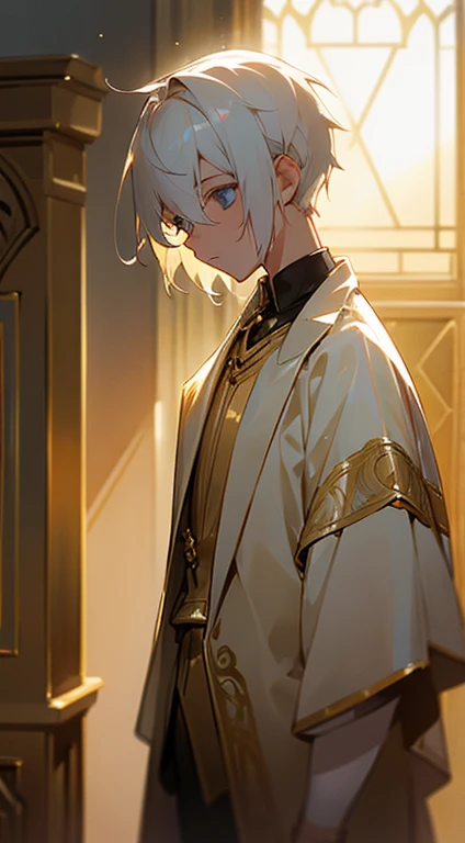 a boy，white hair，There is golden light behind