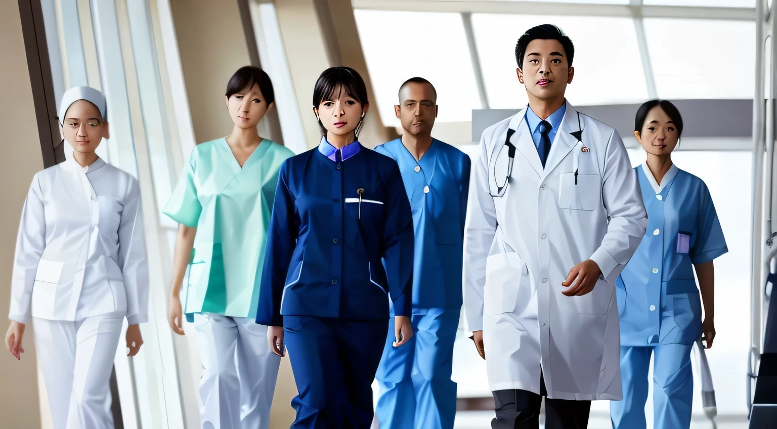 A group of Alafid doctors walking in the hospital corridor, health care worker, 穿着白色labcoat, 穿着labcoat, Surgical gown and scrubs, nurse scrubs, 穿着labcoat, 穿着labcoat, 穿着labcoat and a blouse, labcoat, care, health care, 穿着labcoat, medium shot, medium shot