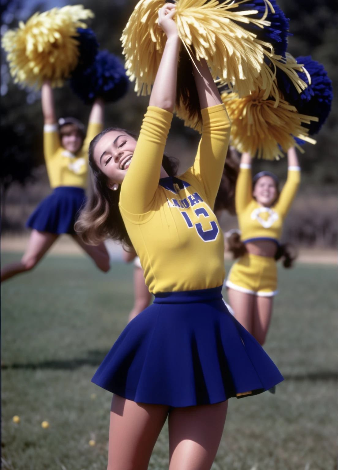 ( classic oil painting ) a modern american team of pretty school cheerleaders, realistic school cheerleader uniforms, action cheerleader poses, all smiling and cheering