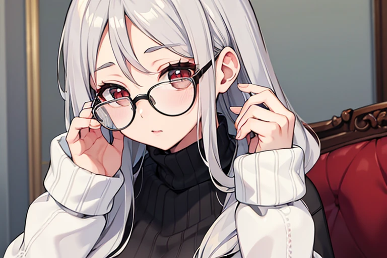(Highest Quality), (Highest Quality), (Masterpiece), woman, gray hair, Glasses, (white knit), (Stinking eyes)