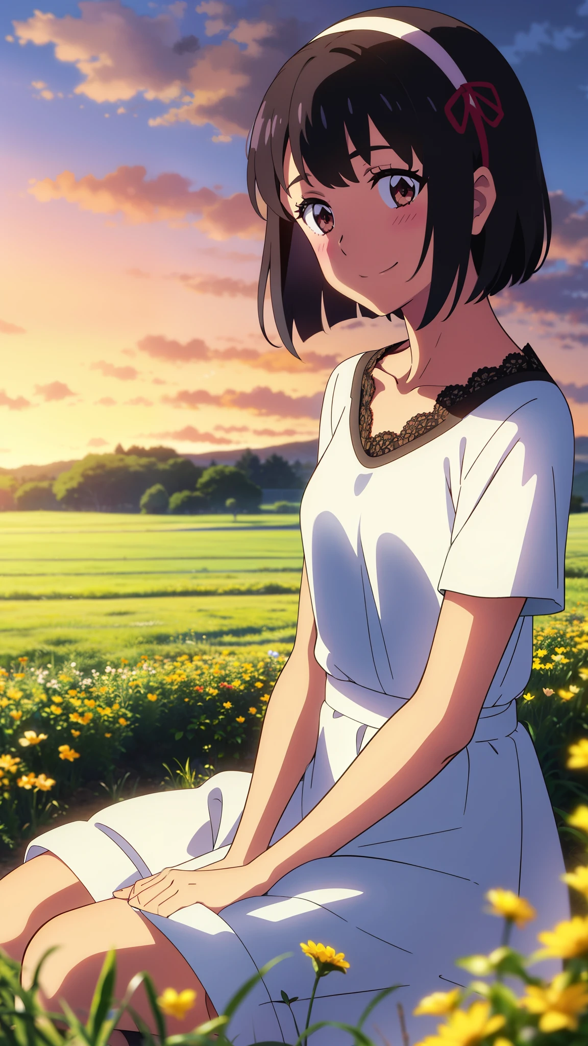 shinkai makoto, kimi no na wa., 1girl, bangs, black hair, blush, brown eyes, shiny skin, Wearing a white lace dress, red headband, short hair, smile, cute, solo, happy, looking at viewer, flower field, Sit on grass, sky, cloudy, evening, sunset