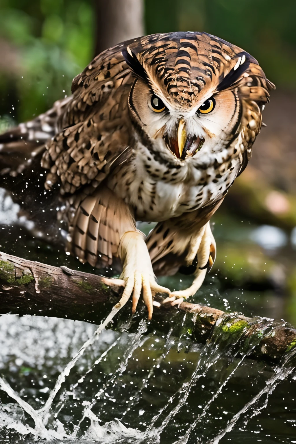 The owl caught a mouse，Fly over the water，inverted image，Sharp focus，Bokeh，depth of fields，Works of masters，super-fine，Hyper-realistic，8K，Best picture quality，Detailed description