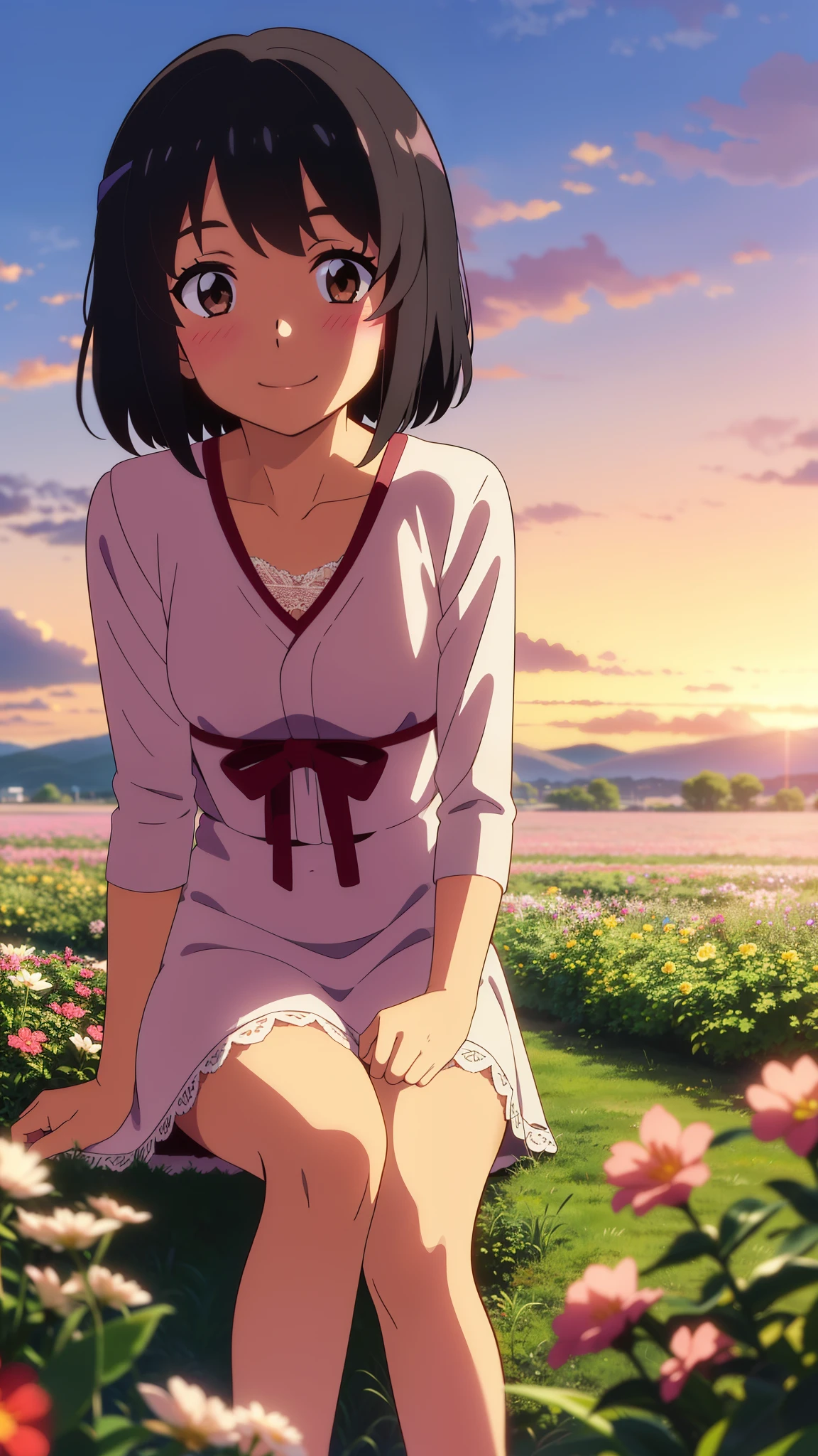 shinkai makoto, kimi no na wa., 1girl, bangs, black hair, blush, brown eyes, shiny skin, Wearing a white lace dress, red headband, short hair, smile, cute, solo, happy, looking at viewer, flower field, Sit on grass, sky, cloudy, evening, sunset