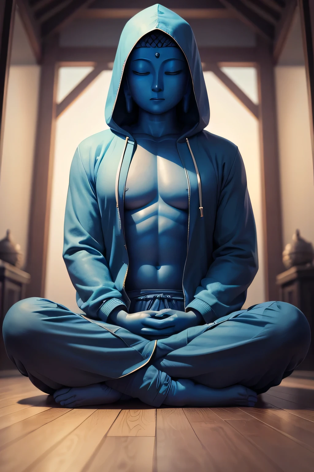 There is a blue Buddha statue facing the front and wearing a hoodie hood,Buddha, Buddha, Buddhism, beautiful images,Buddha,Buddha