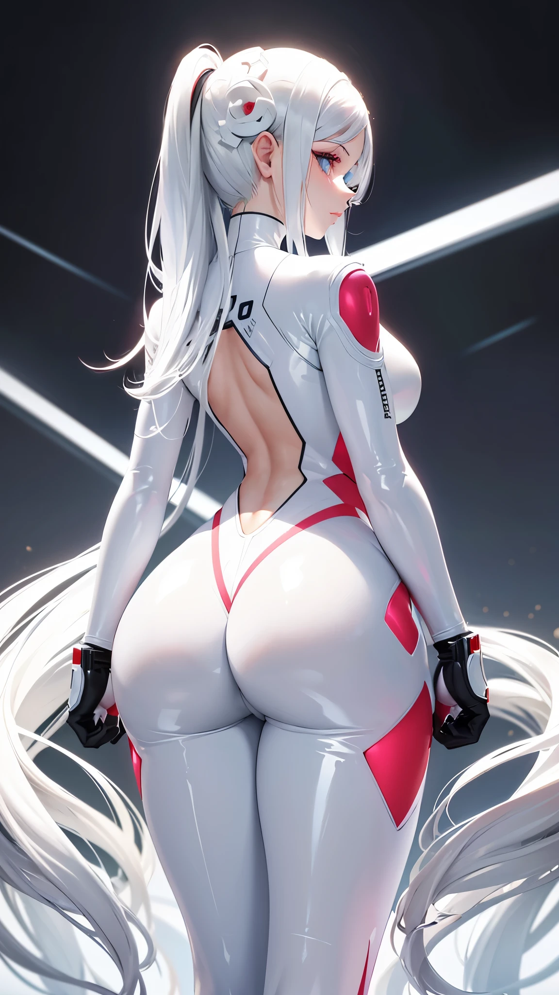 Look from the back，perfect and very thin girl, Wearing an extremely tight white latex suit, Buda Redonda, long white hair, cyberpunk style, hyper-realistic, many details, Perfect image, 8k